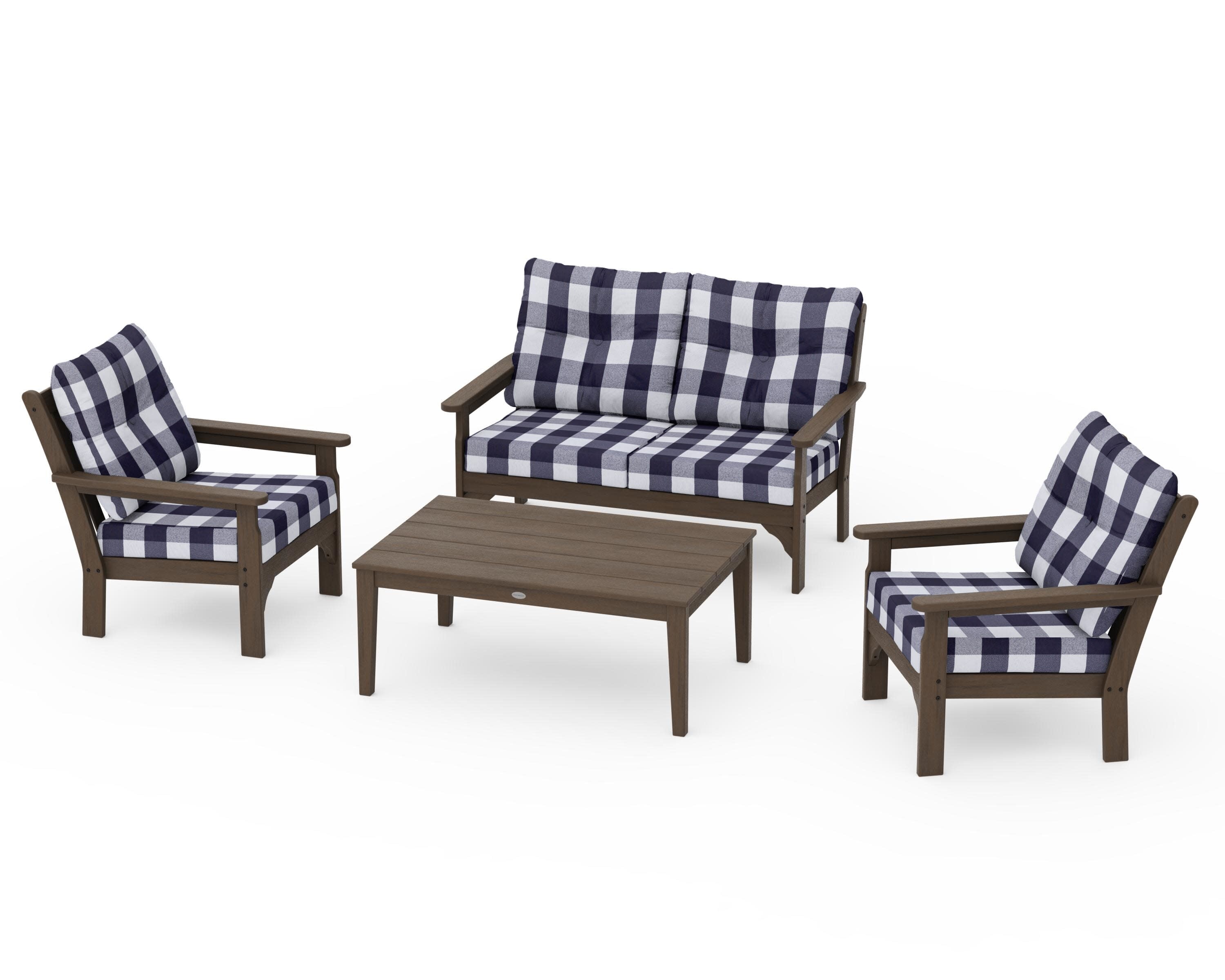 Vineyard 4-Piece Deep Seating Set in Kona / Buffalo Plaid Navy