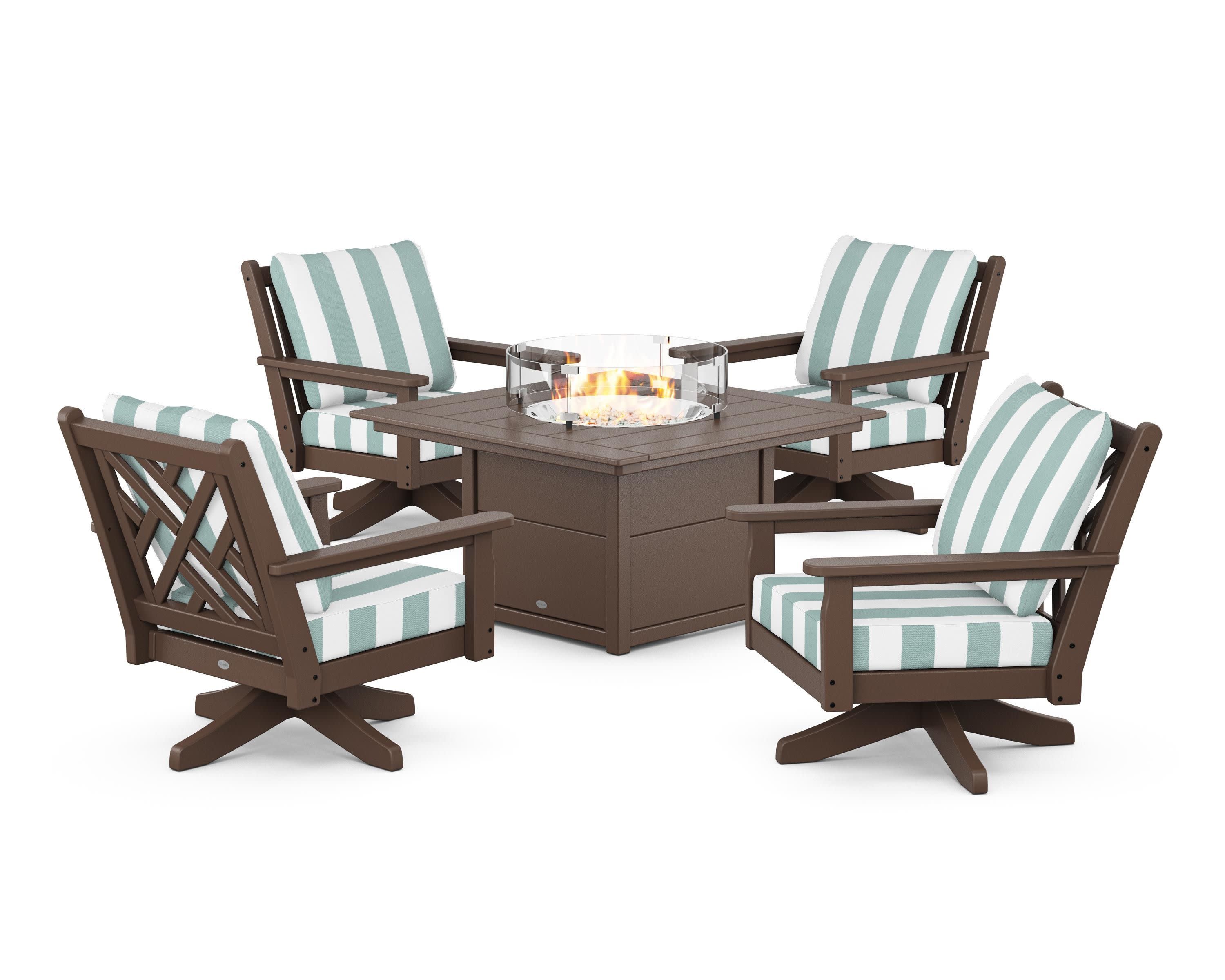 Chippendale 5-Piece Deep Seating Swivel Conversation Set with Fire Pit Table in Mahogany / Cabana Stripe Glacier Spa