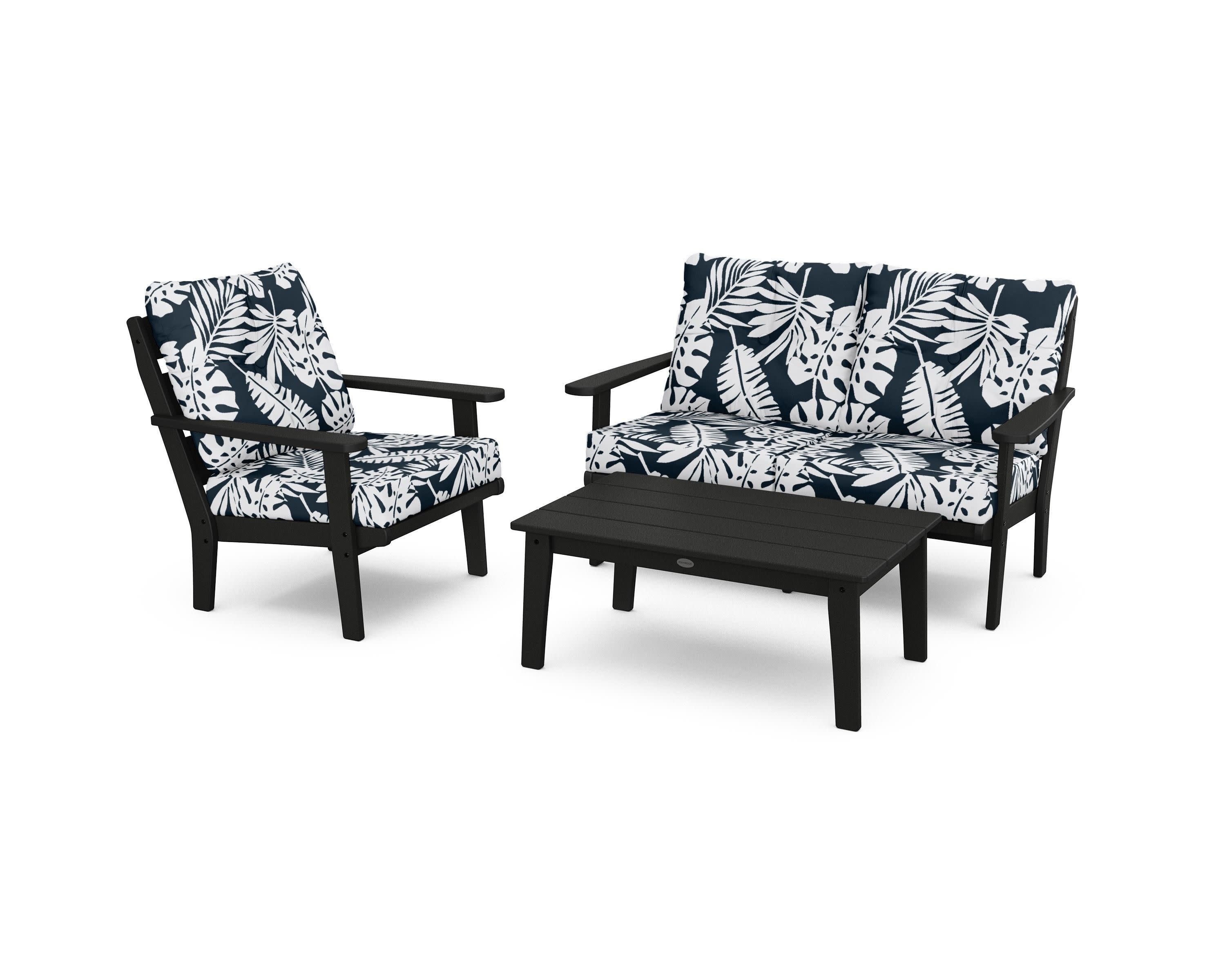 Lakeside 3-Piece Deep Seating Set in Black / Leaf Marine Indigo