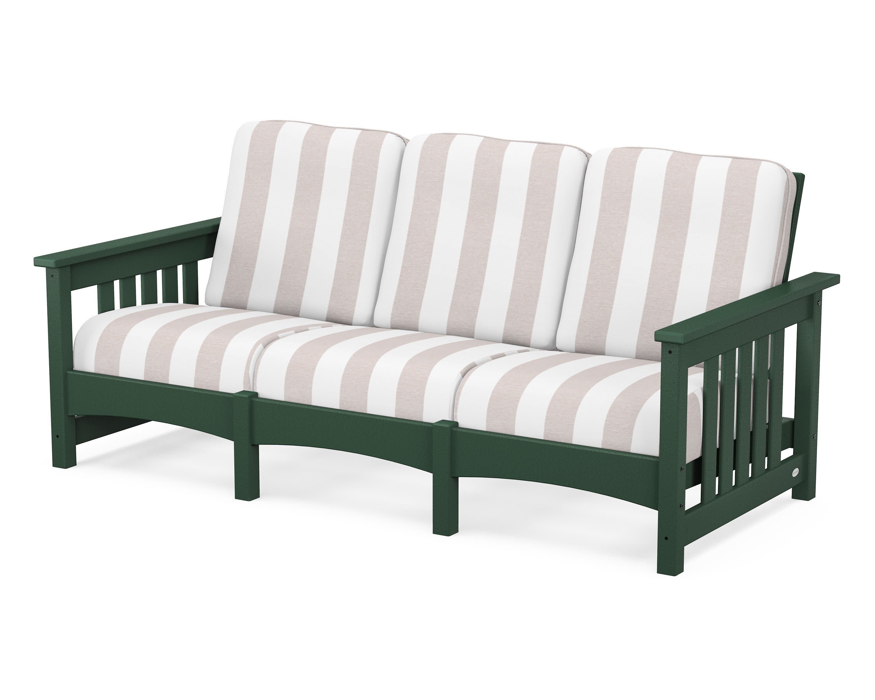 Club Mission Sofa in Green / Cabana Stripe Dune Burlap