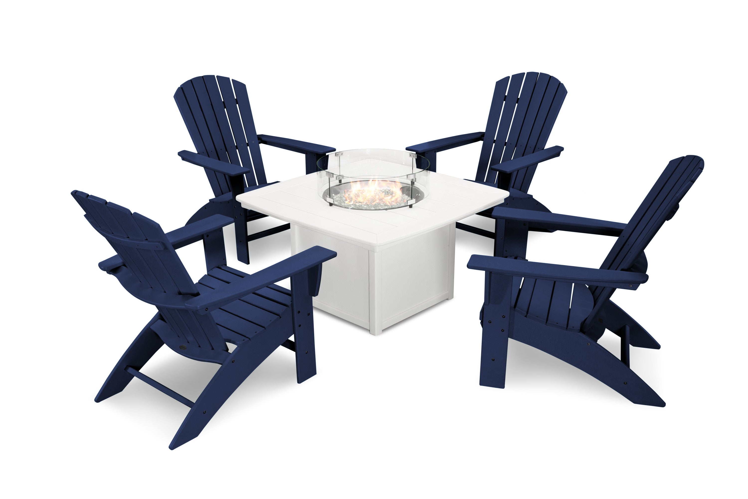 Nautical Curveback Adirondack 5-Piece Conversation Set with Fire Pit Table in Navy / White