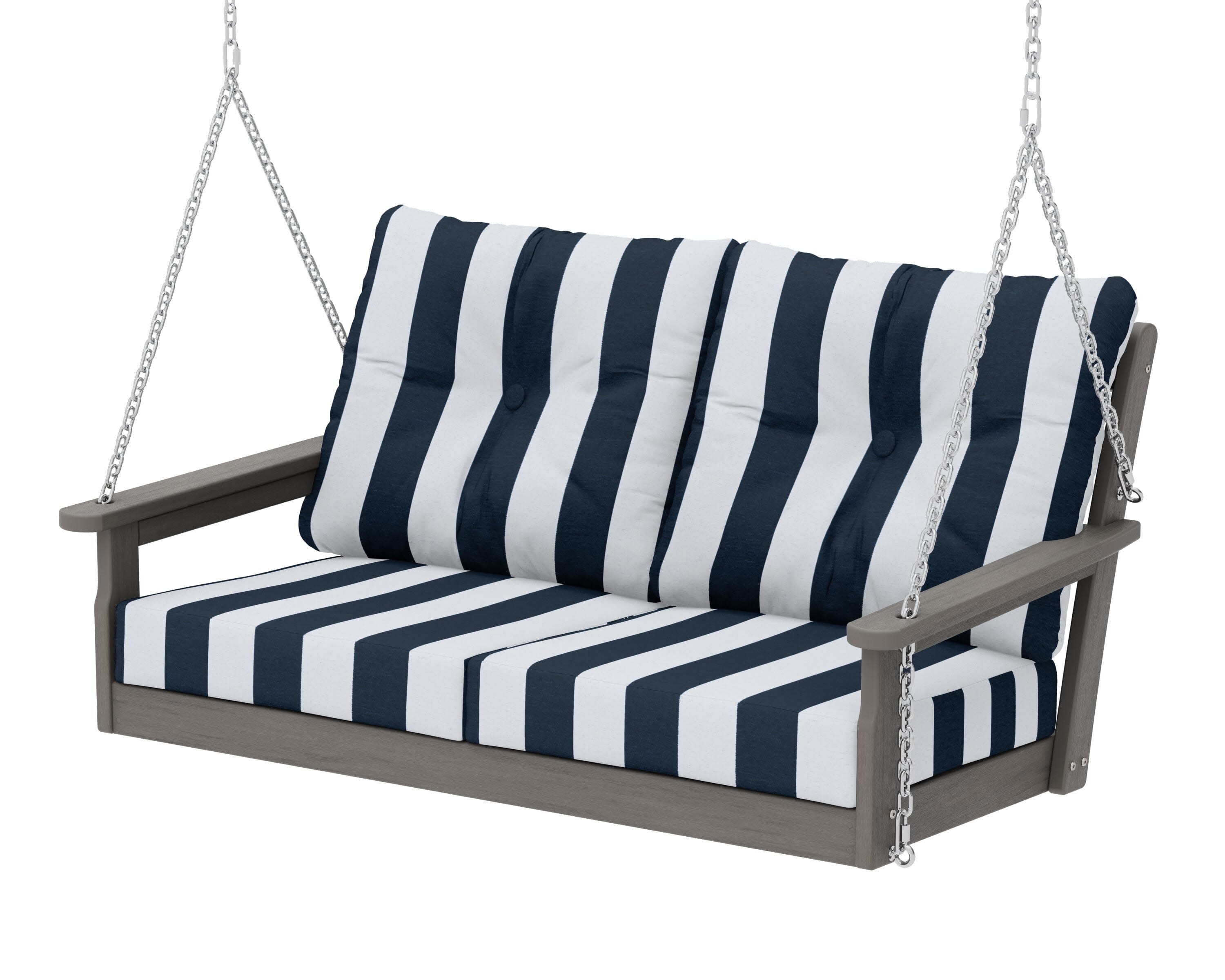 Vineyard Deep Seating Swing in Driftwood / Cabana Stripe Marine Indigo