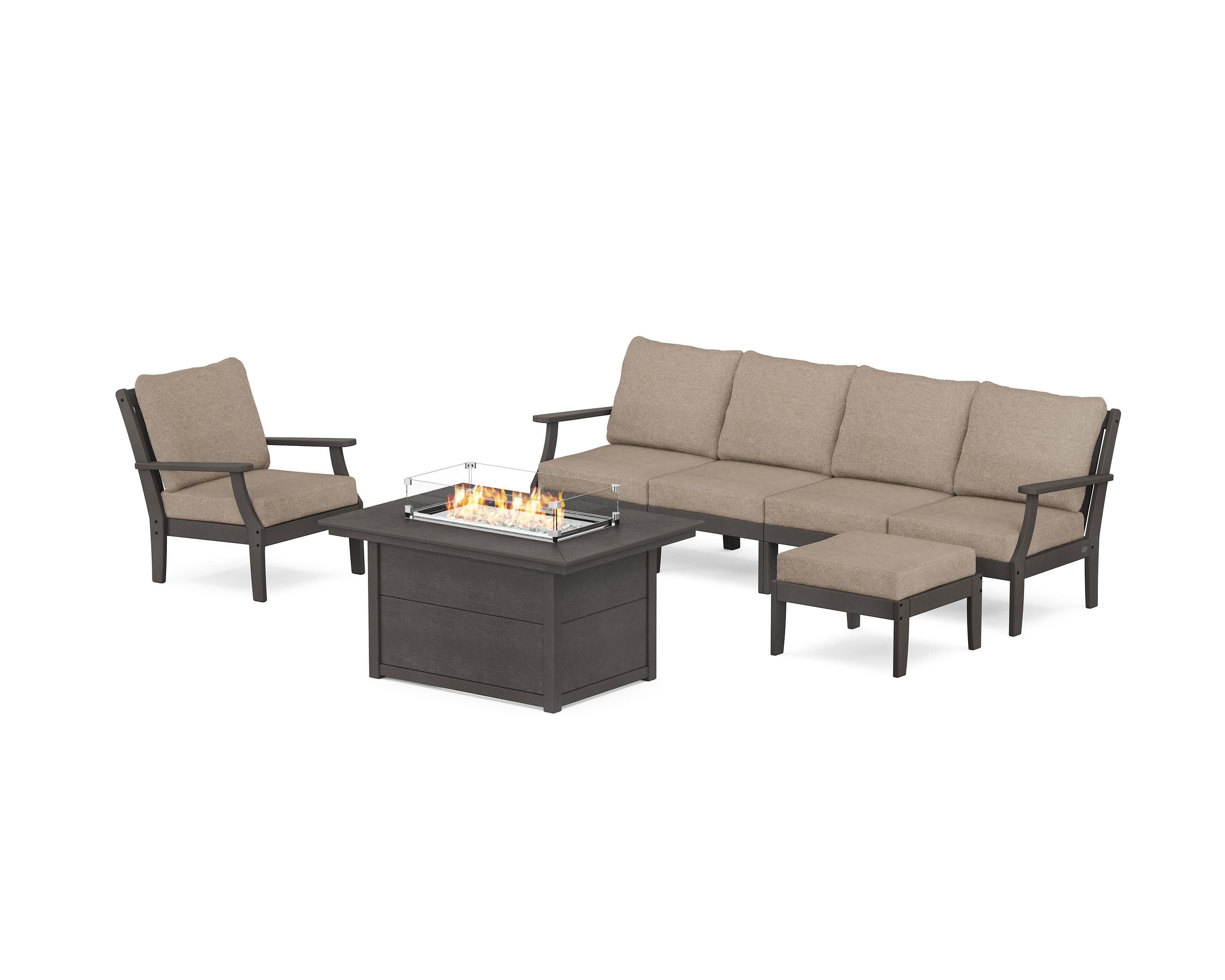 Braxton Sectional Lounge and Fire Pit Set in Vintage Coffee / Spiced Burlap