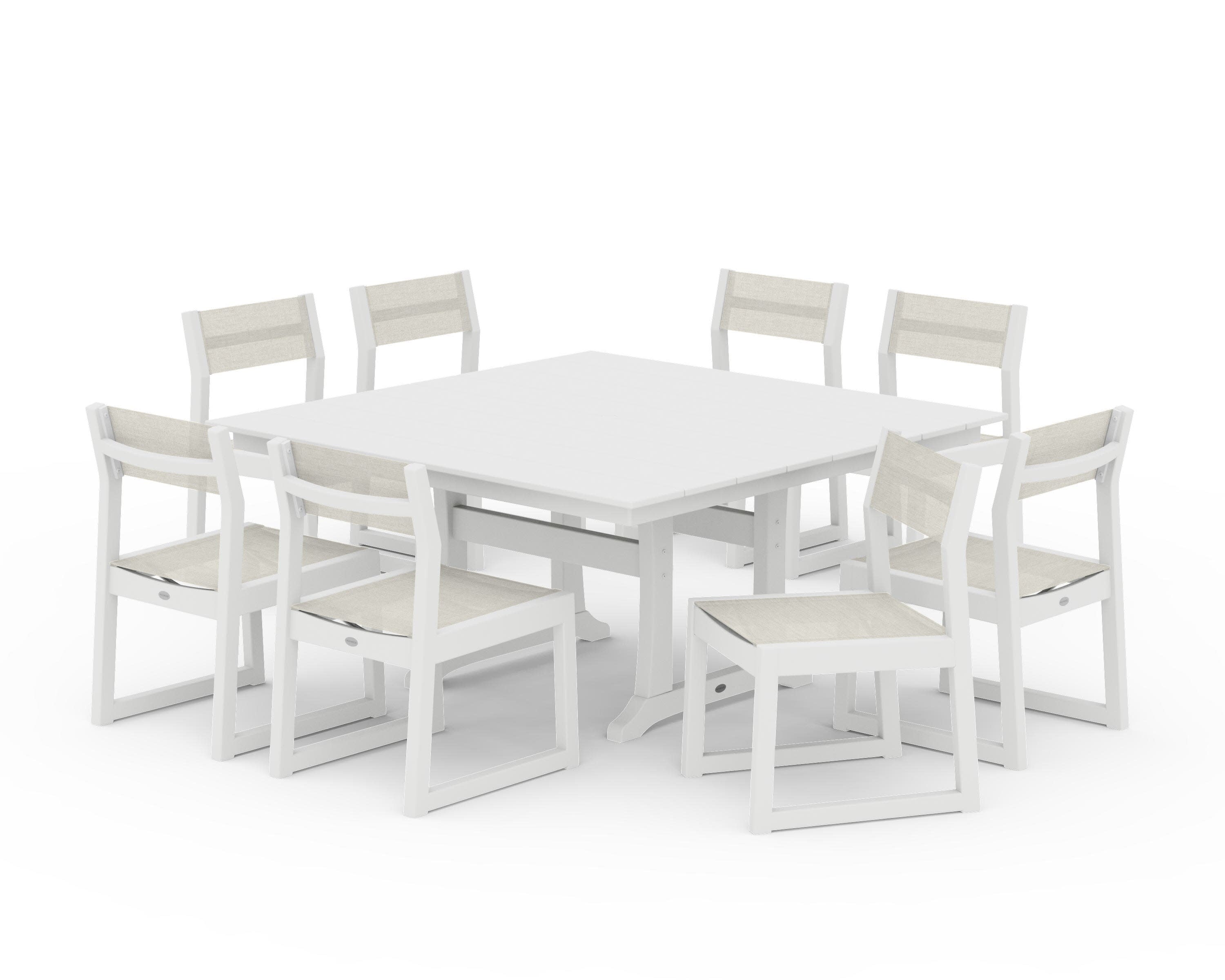 EDGE Sling Side Chair 9-Piece Farmhouse Trestle Dining Set in White / Parchment Sling