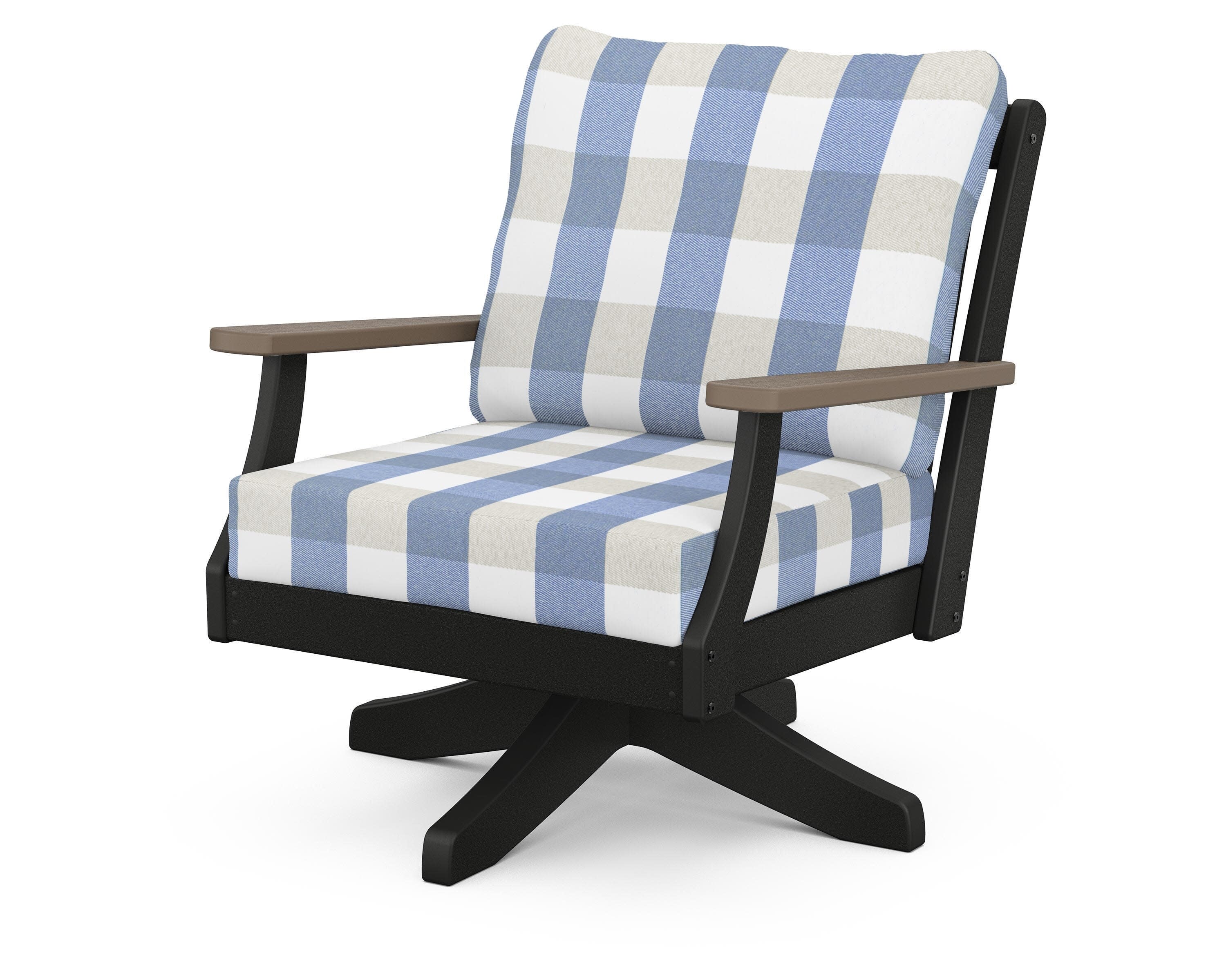 Braxton Deep Seating Swivel Chair in Black / Kona / Buffalo Plaid Sky Blue
