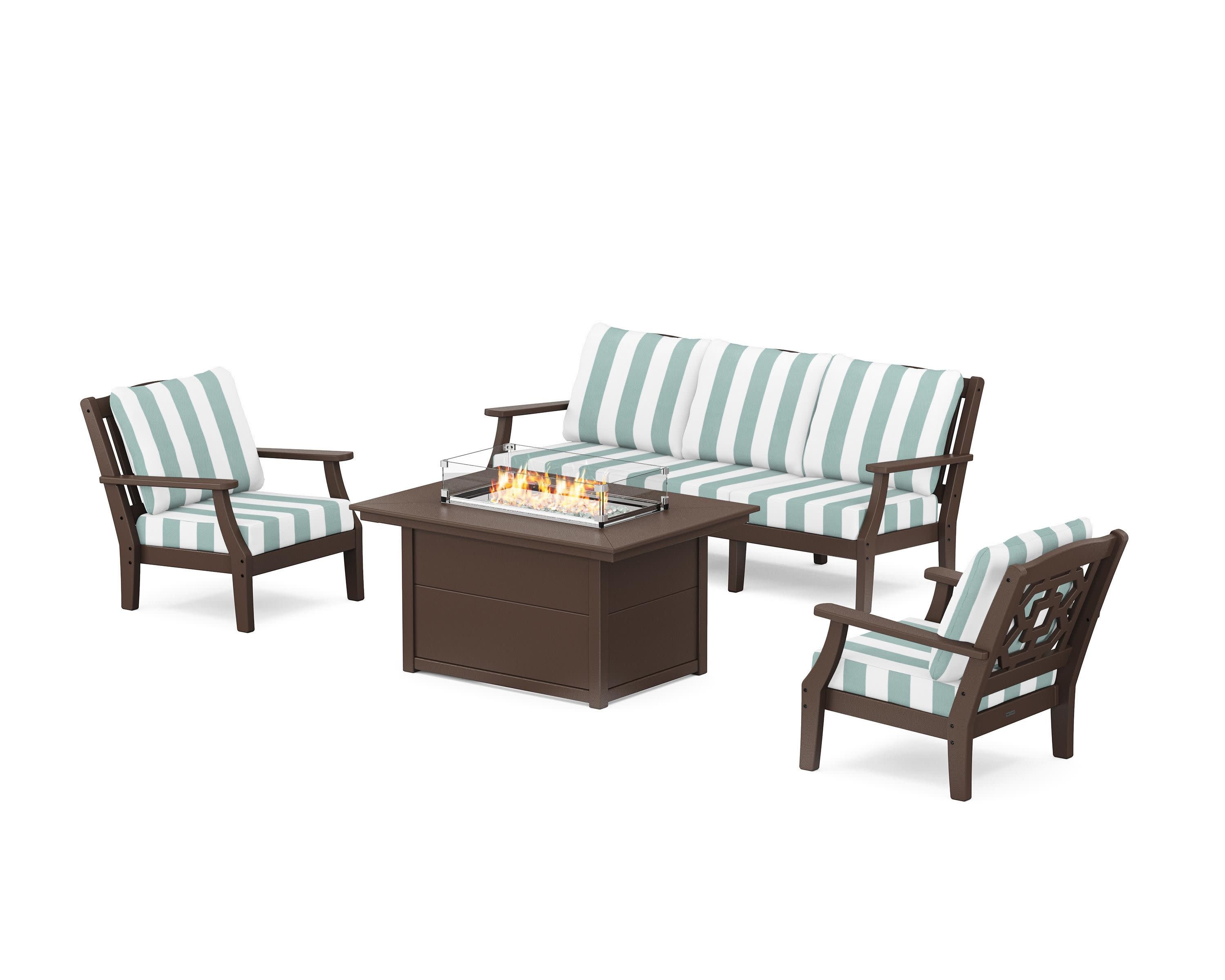 Chinoiserie Deep Seating Fire Pit Table Set in Mahogany / Cabana Stripe Glacier Spa