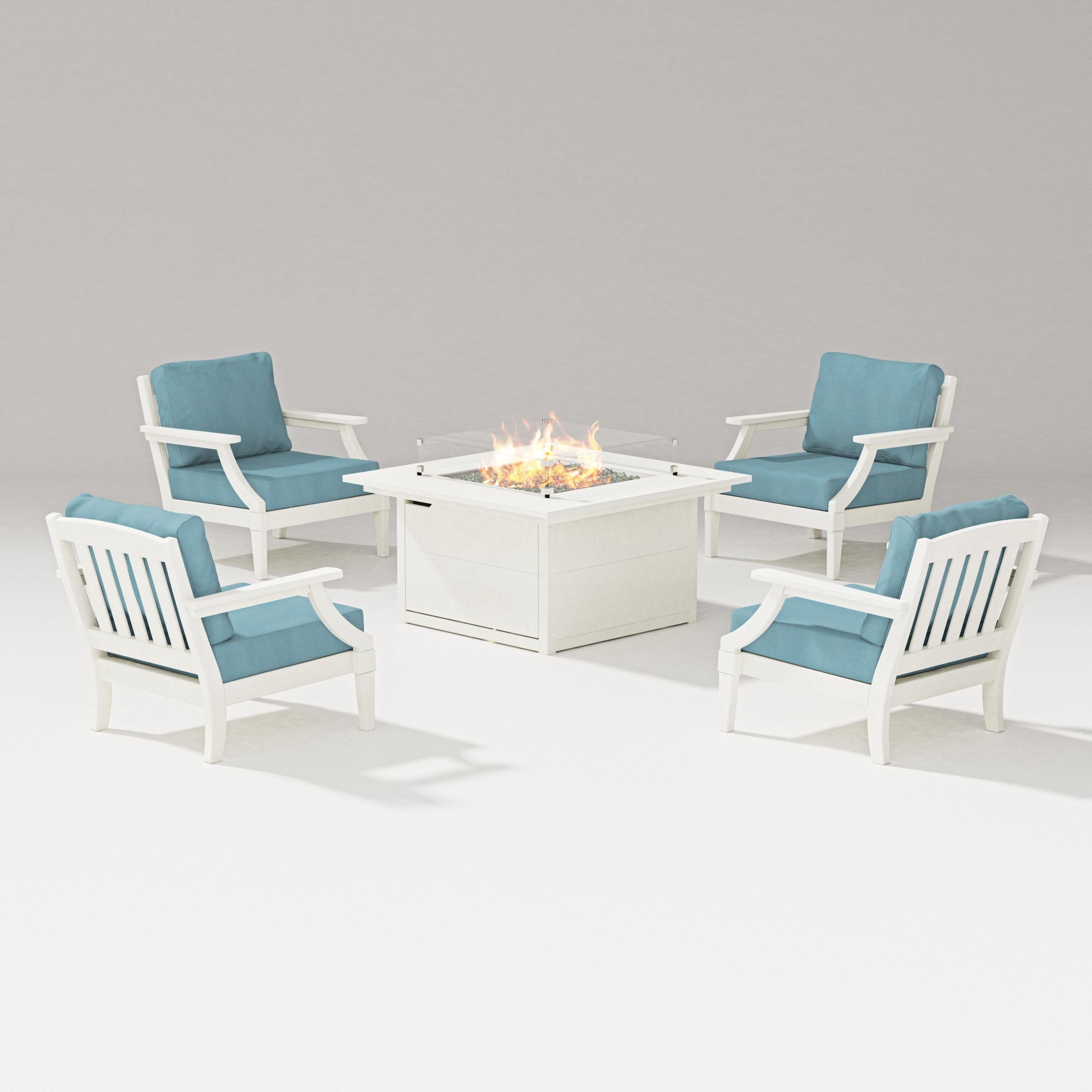 Estate 5-Piece Lounge Fire Table Set in Vintage White / Lattice Sky Blue