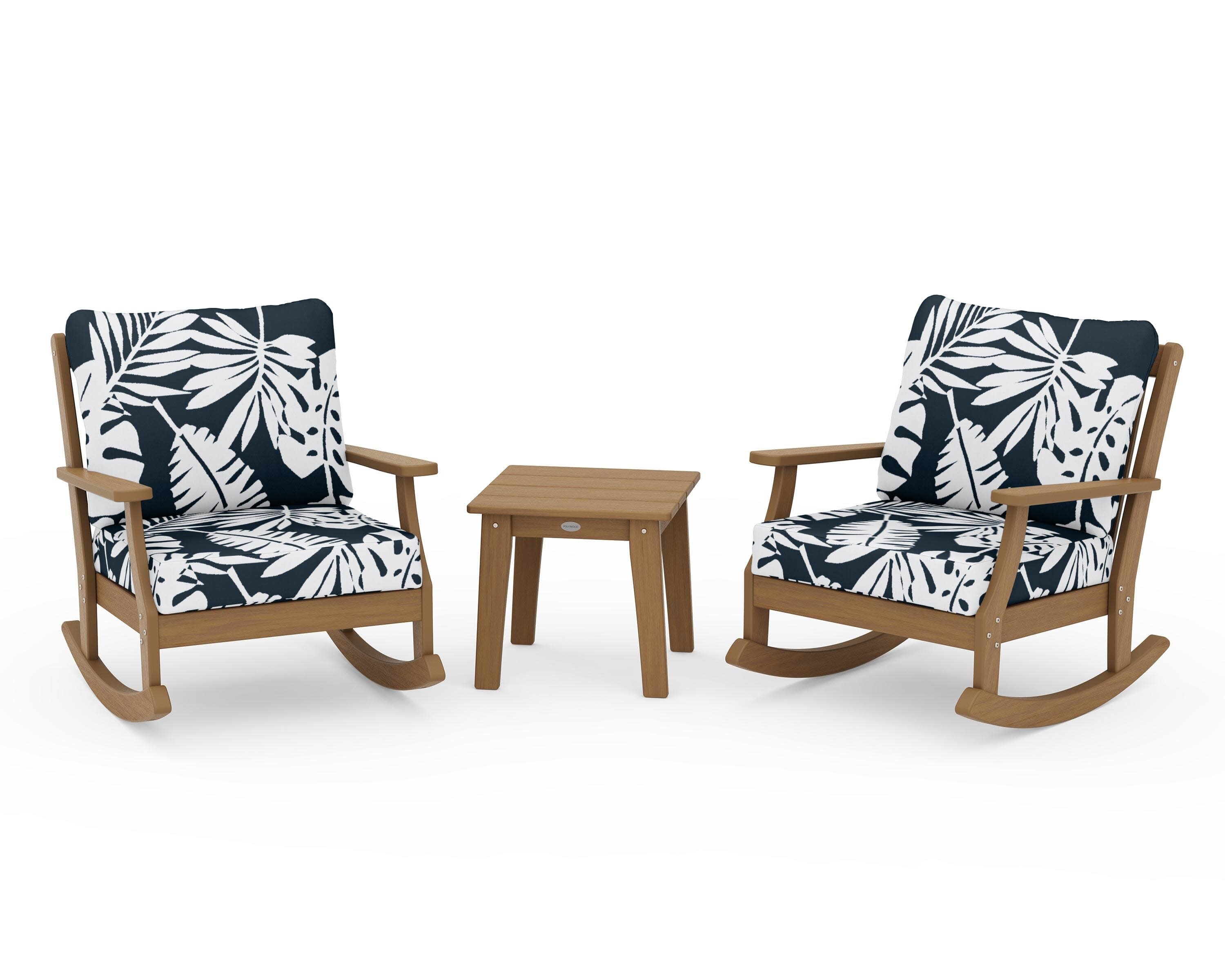 Braxton 3-Piece Deep Seating Rocker Set in Natural / Leaf Marine Indigo