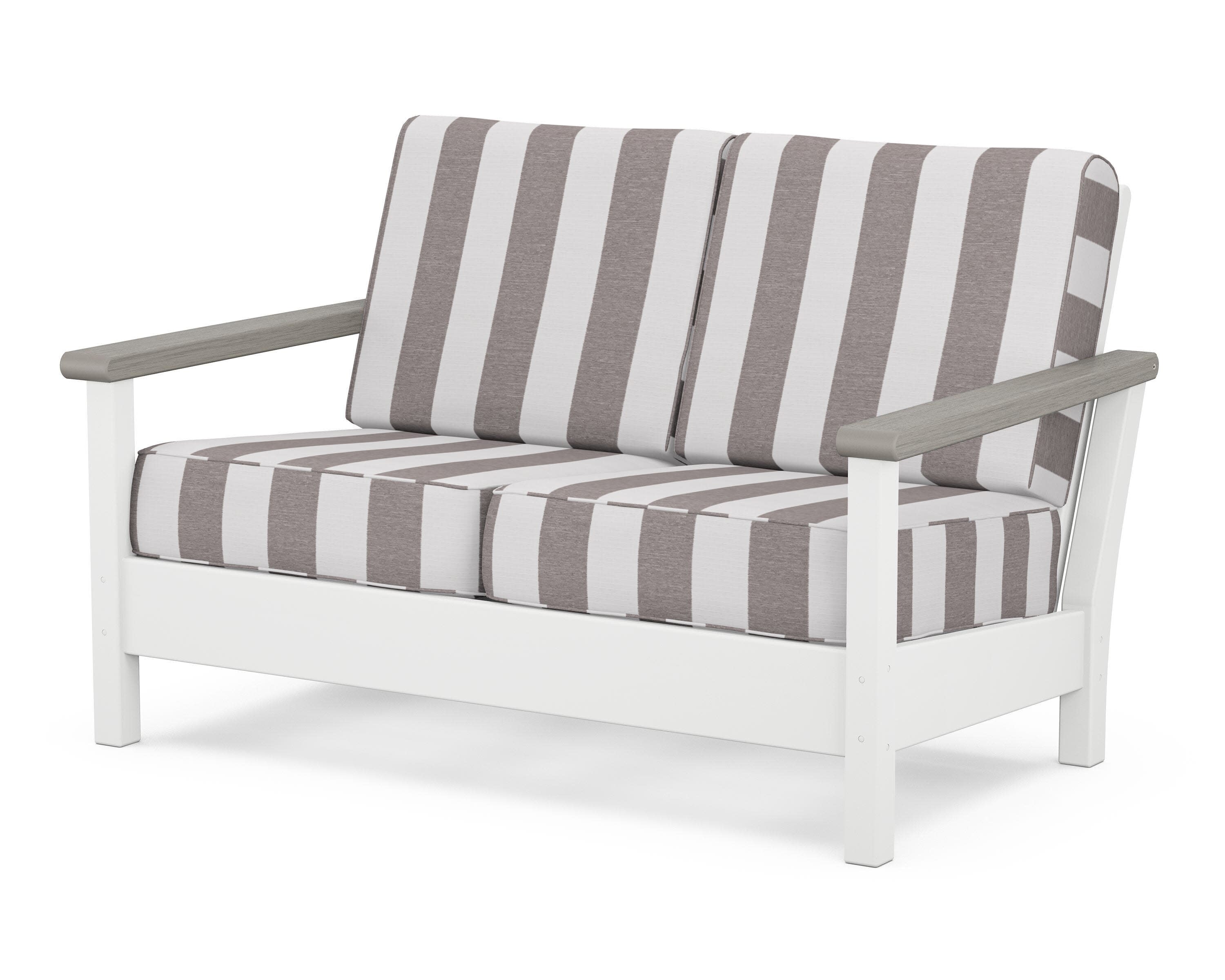 Harbour Deep Seating Loveseat in White / Driftwood / Cabana Stripe Grey Mist