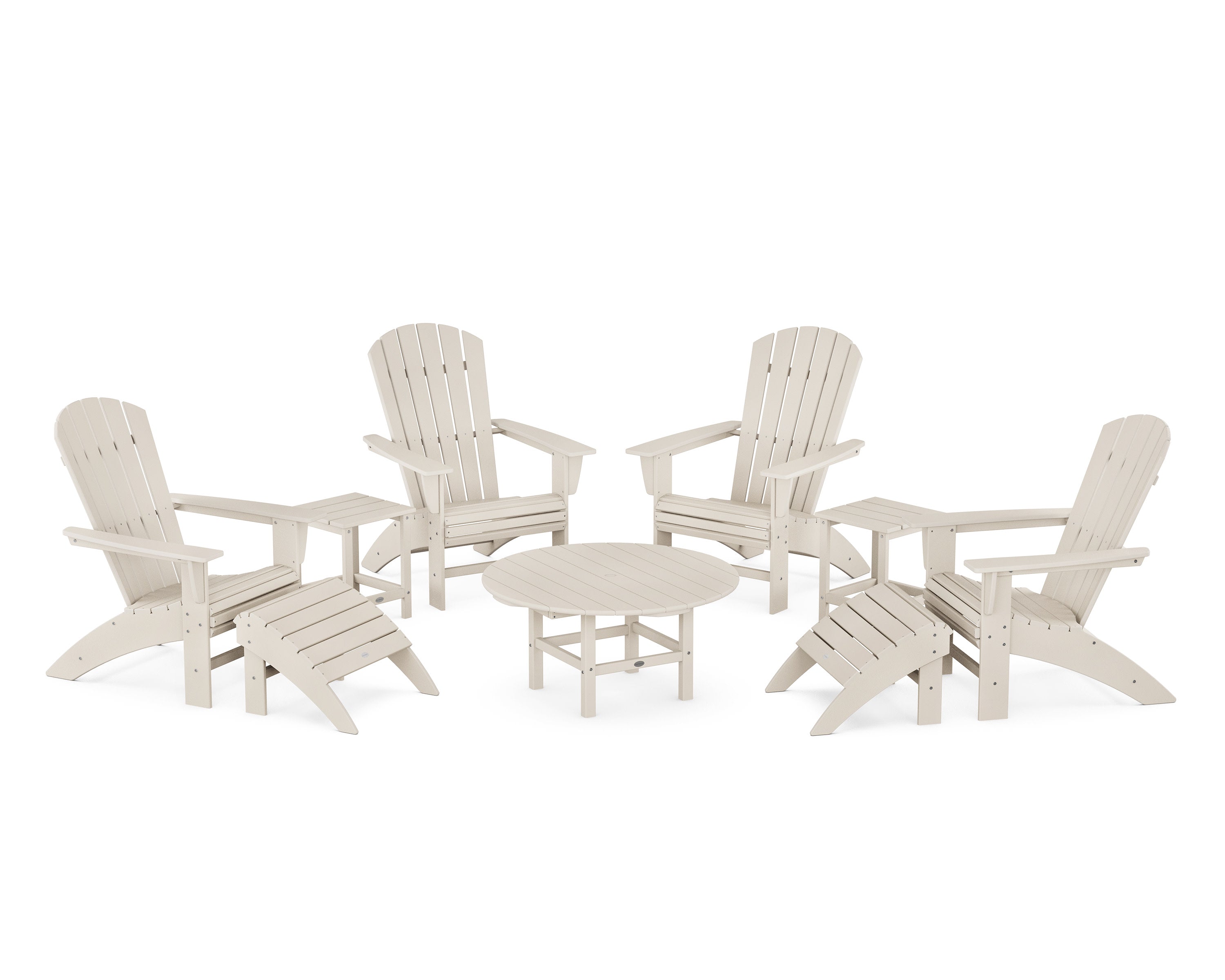 Nautical Curveback Adirondack Chair 9-Piece Conversation Set in Sand