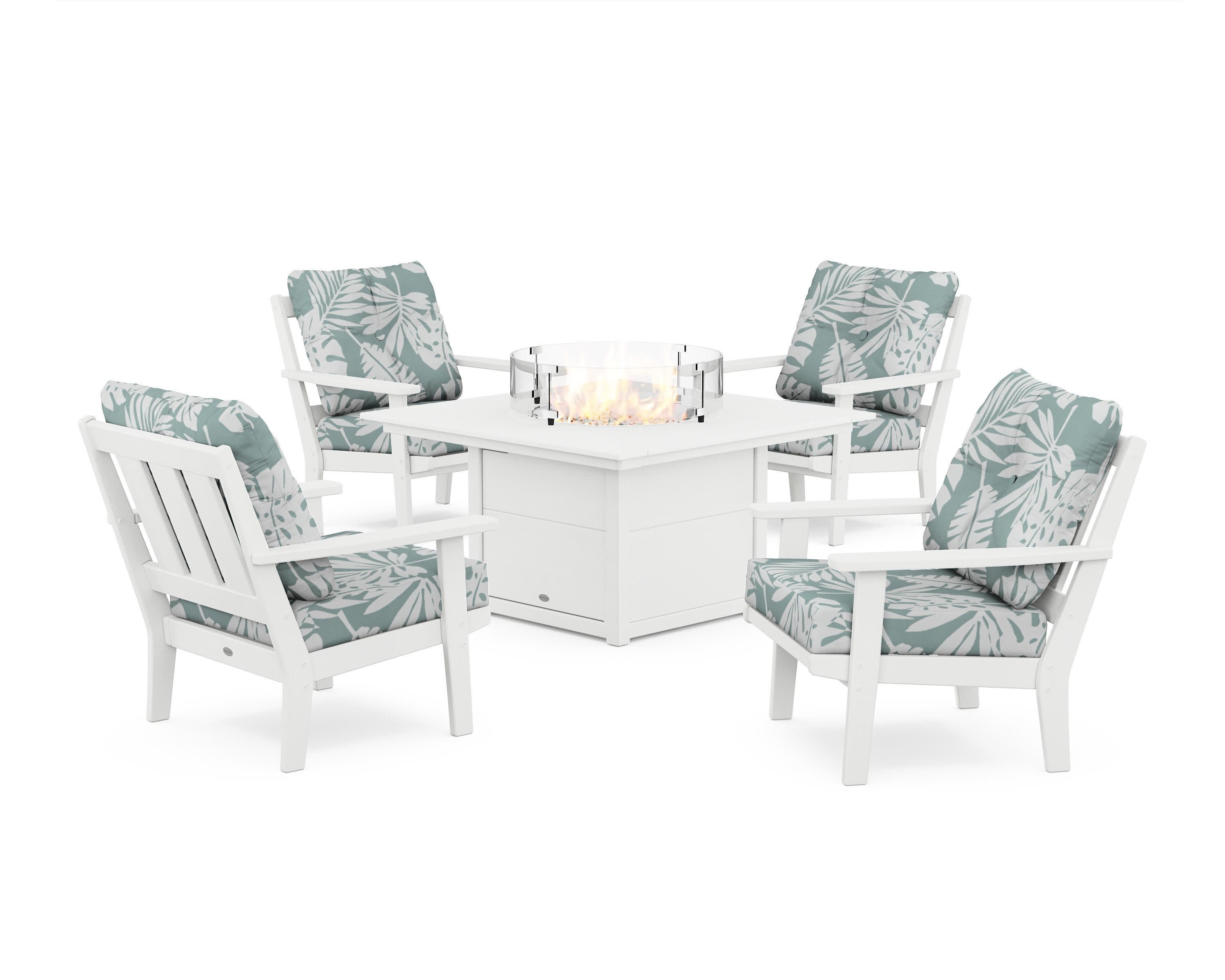Oxford 5-Piece Deep Seating Set with Fire Pit Table in White / Leaf Glacier Spa
