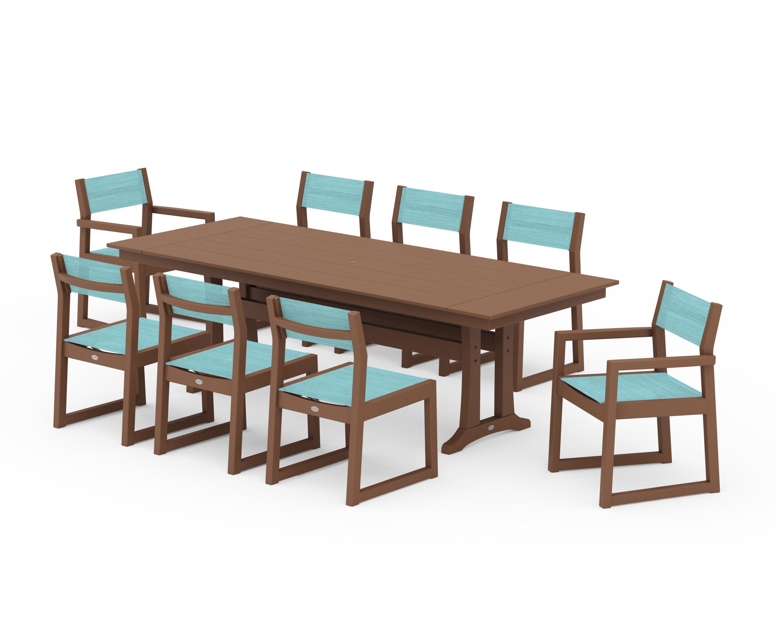 EDGE Sling 9-Piece Farmhouse Trestle Dining Set in Teak / Dupioni Aquamarine Sling