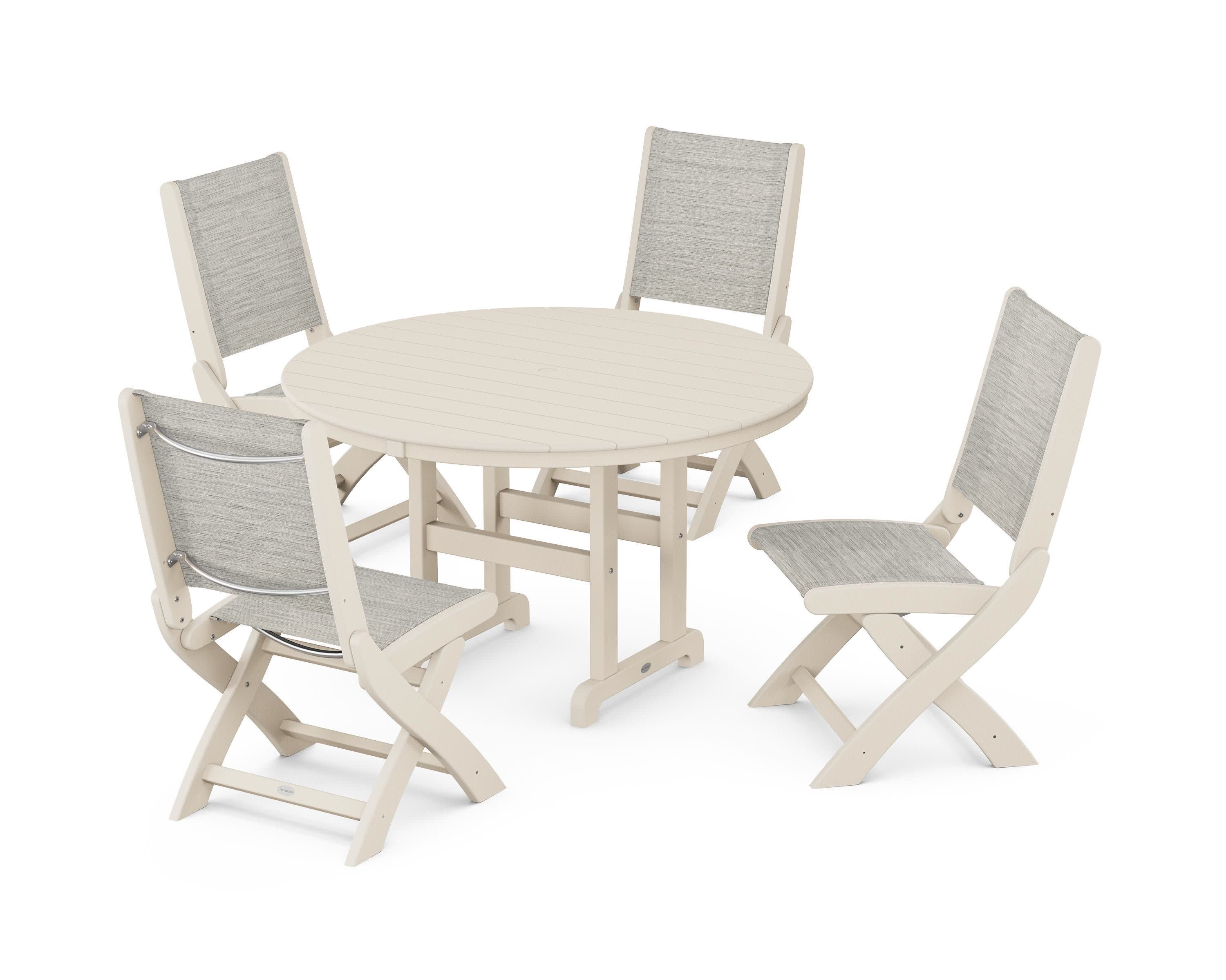 Coastal Folding Side Chair 5-Piece Round Dining Set in Sand / Birch Sling