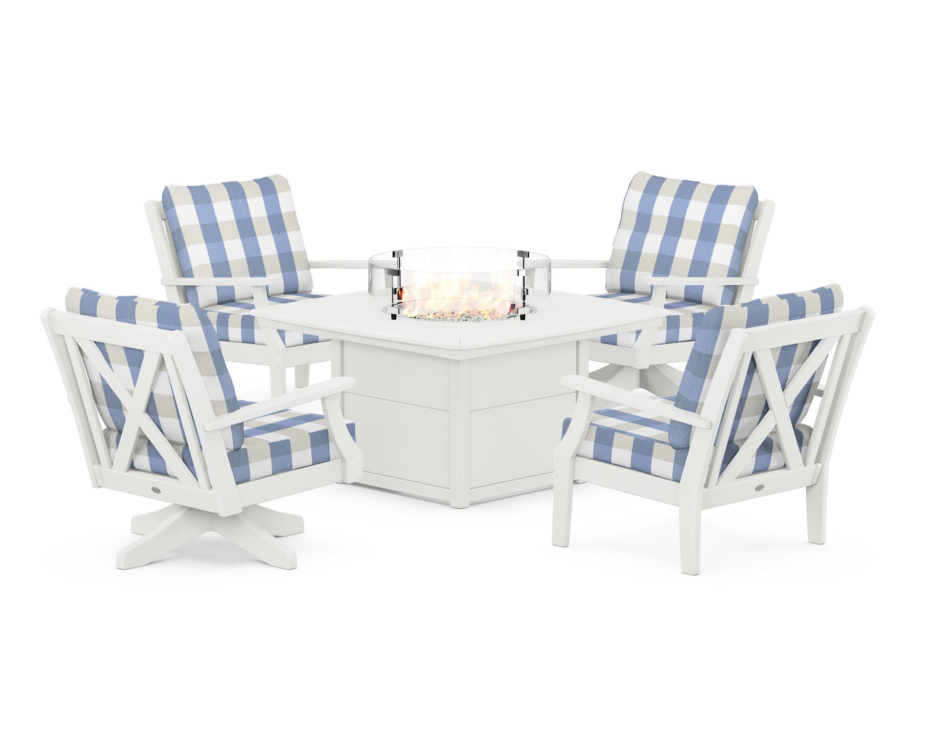 Braxton 5-Piece Deep Seating Set with Fire Table in Vintage White / Buffalo Plaid Sky Blue