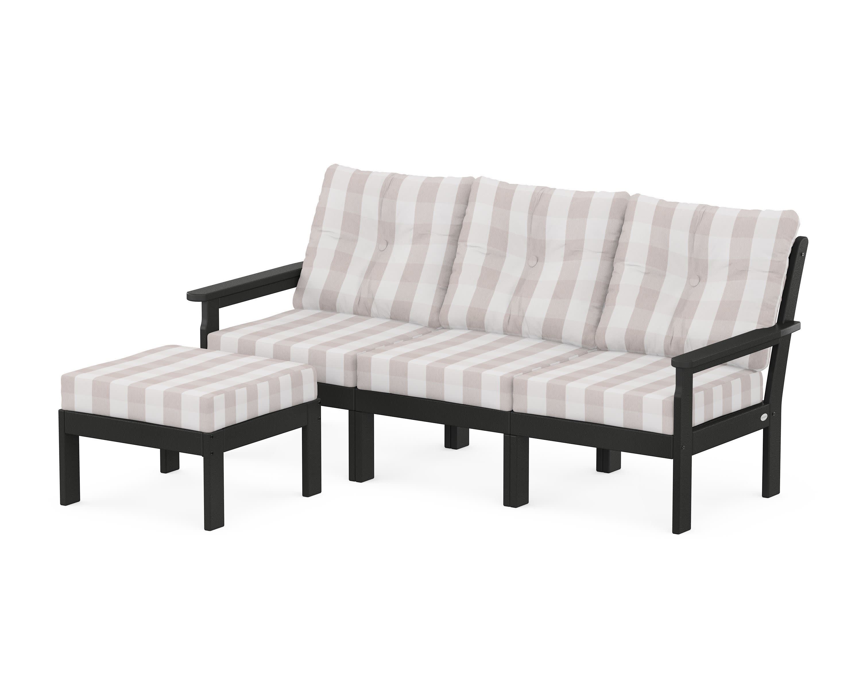 Vineyard 4-Piece Sectional with Ottoman in Black / Buffalo Plaid Dune Burlap