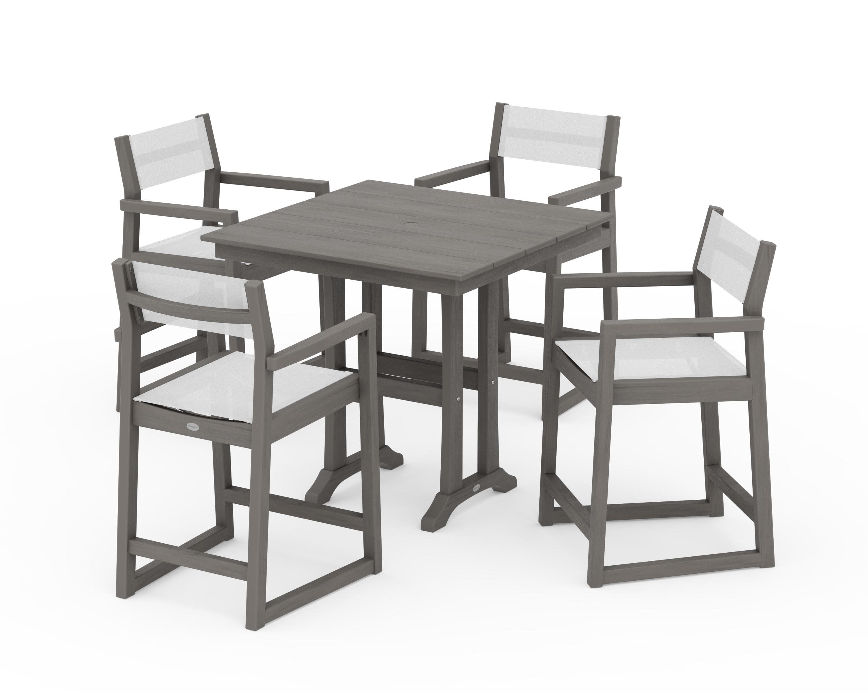 EDGE Sling Arm Chair 5-Piece Farmhouse Counter Set with Trestle Legs in Driftwood / White Sling