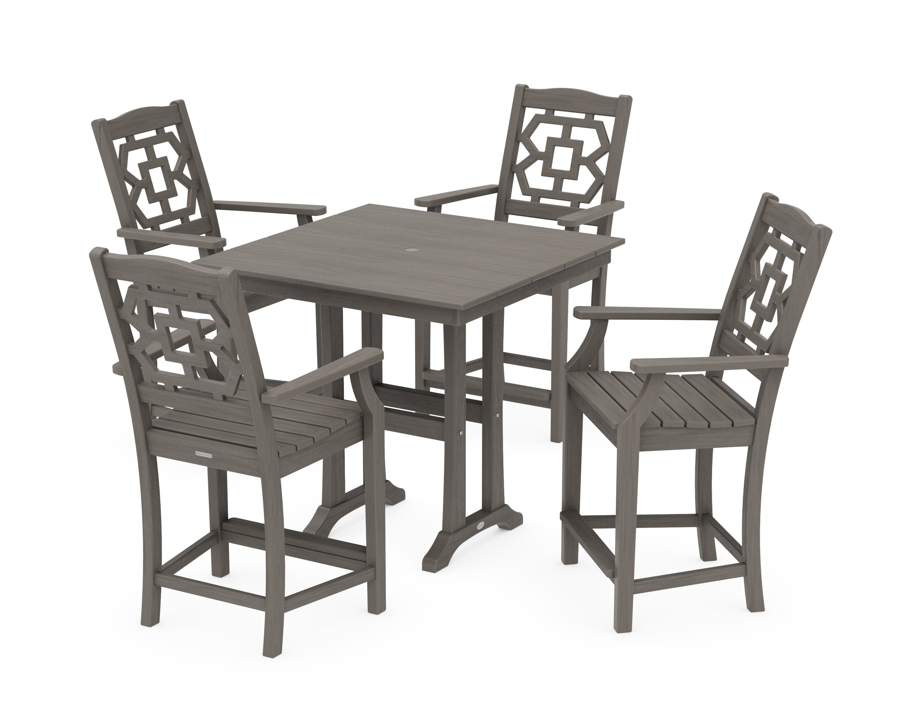 Chinoiserie 5-Piece Farmhouse Counter Set with Trestle Legs in Driftwood