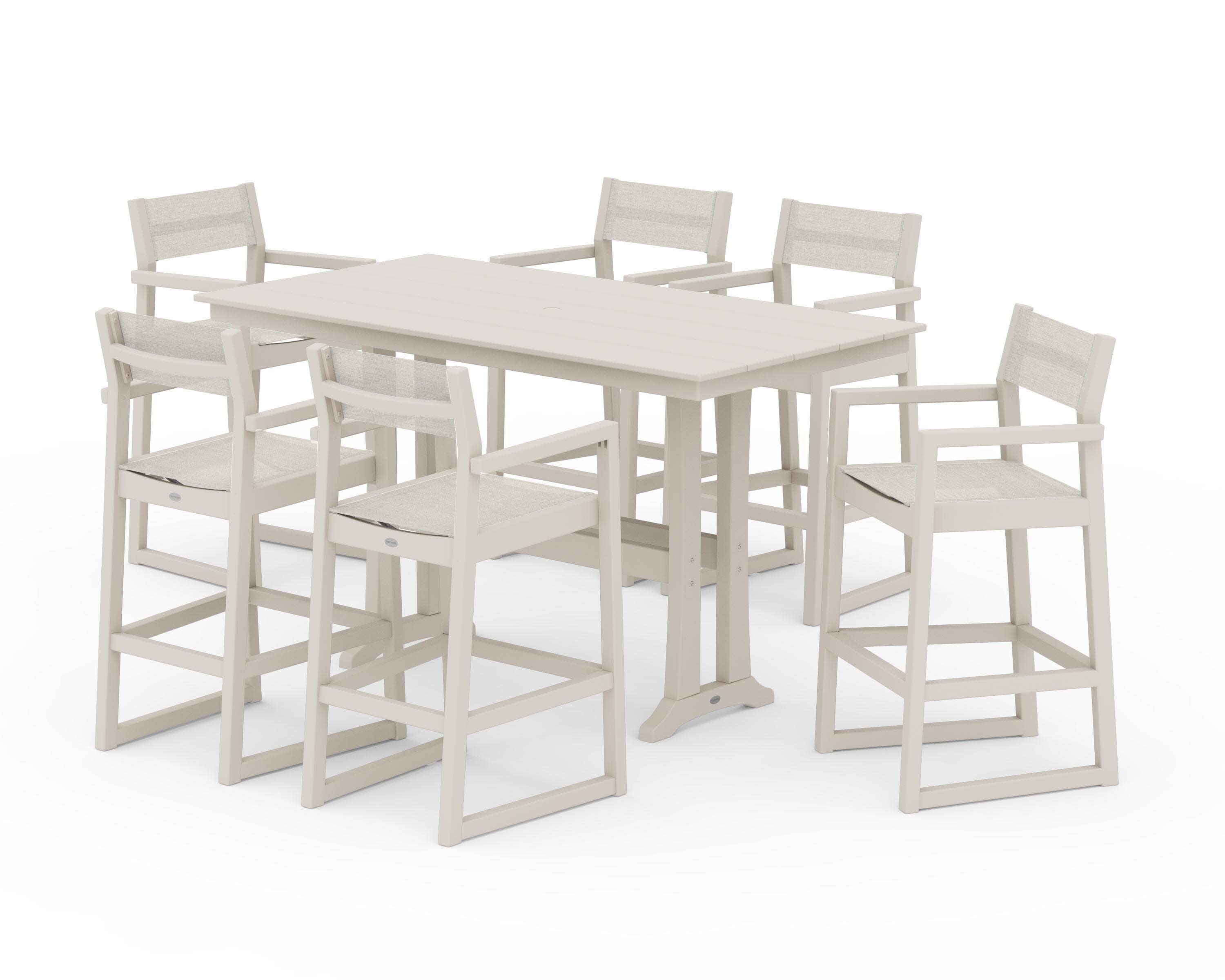 EDGE Sling Arm Chair 7-Piece Farmhouse Bar Set with Trestle Legs in Sand / Parchment Sling