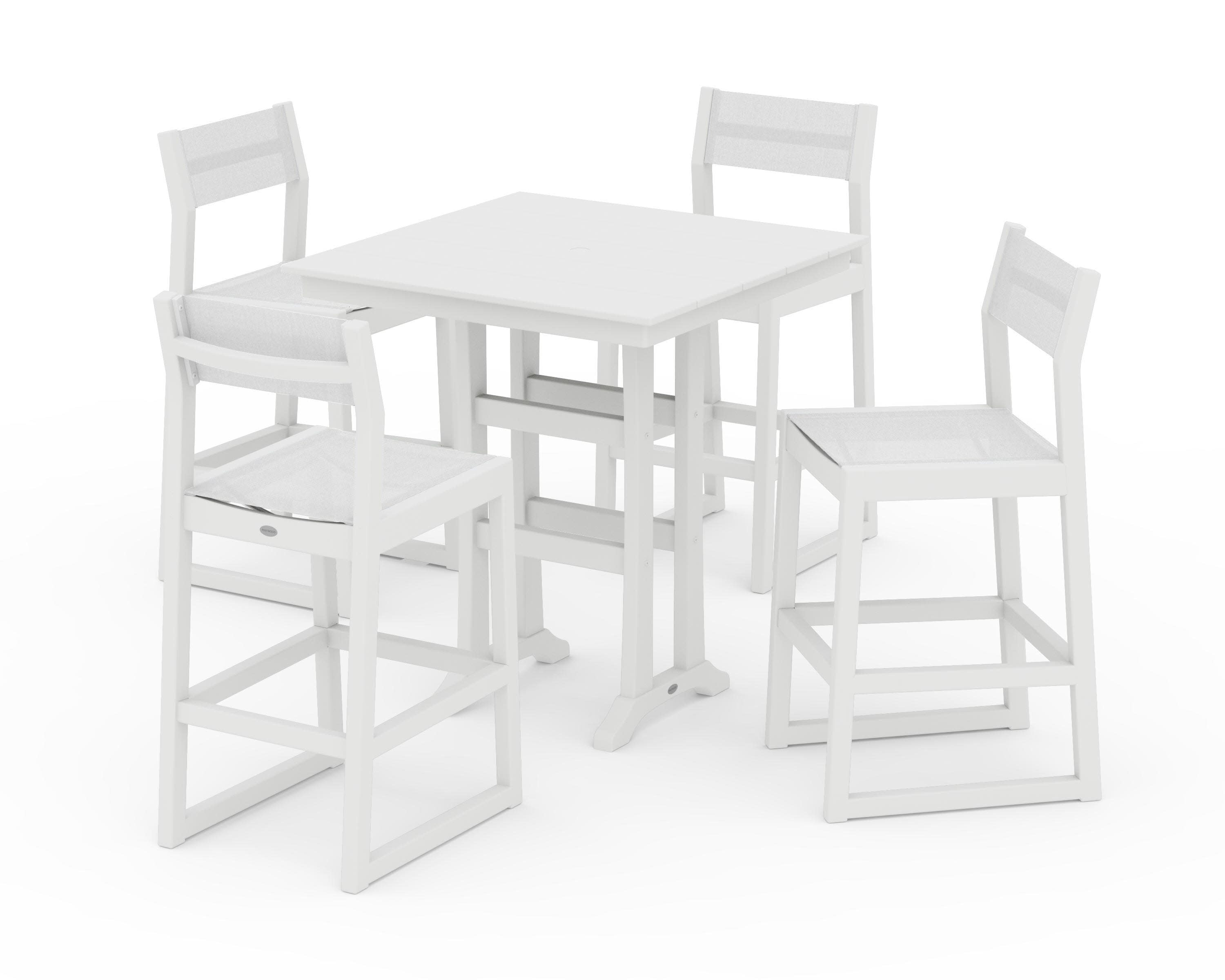 EDGE Sling Arm Chair 5-Piece Farmhouse Bar Set with Trestle Legs in White / White Sling