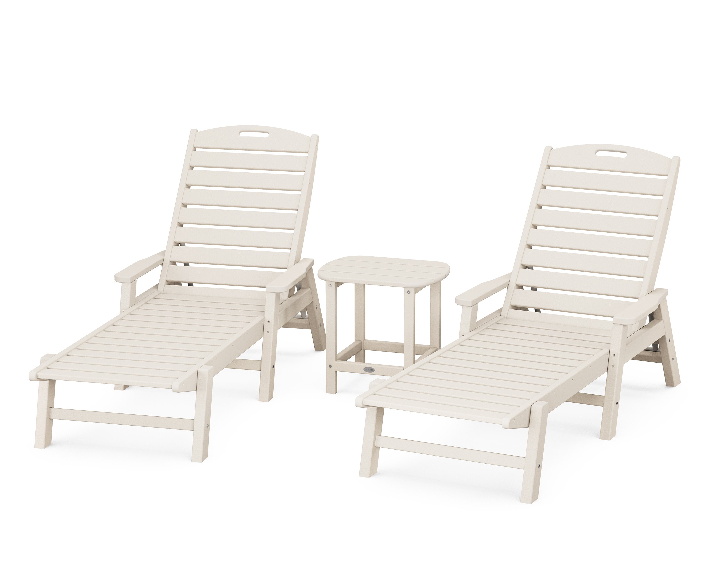 Nautical 3-Piece Chaise Lounge with Arms Set with South Beach 18" Side Table in Sand