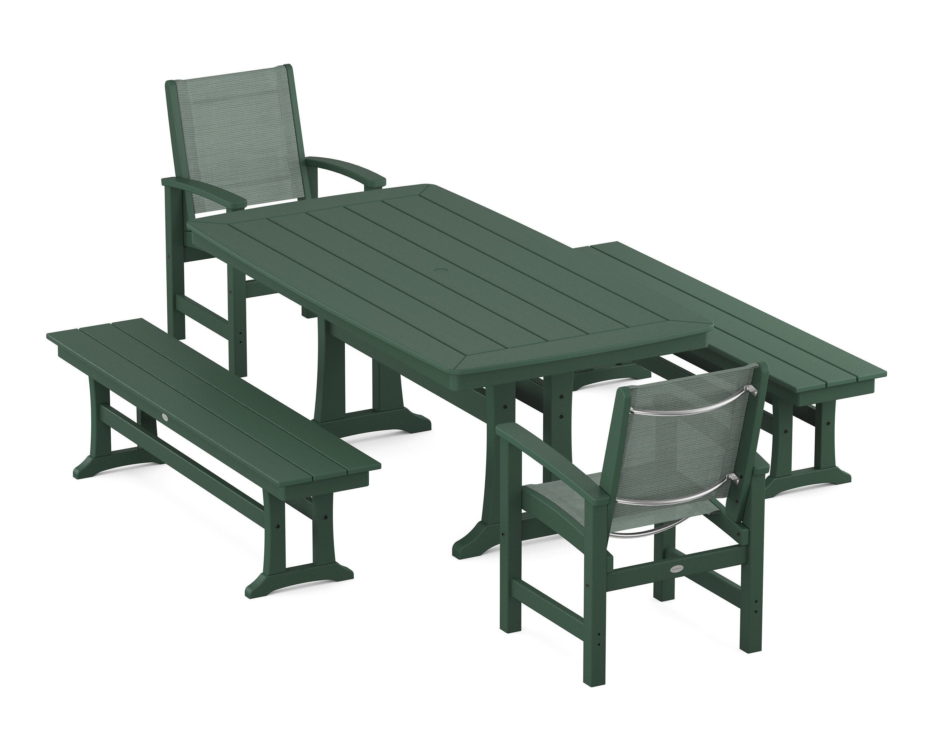 Coastal 5-Piece Dining Set with Trestle Legs and Benches in Green / Dupioni Sea Mist Sling