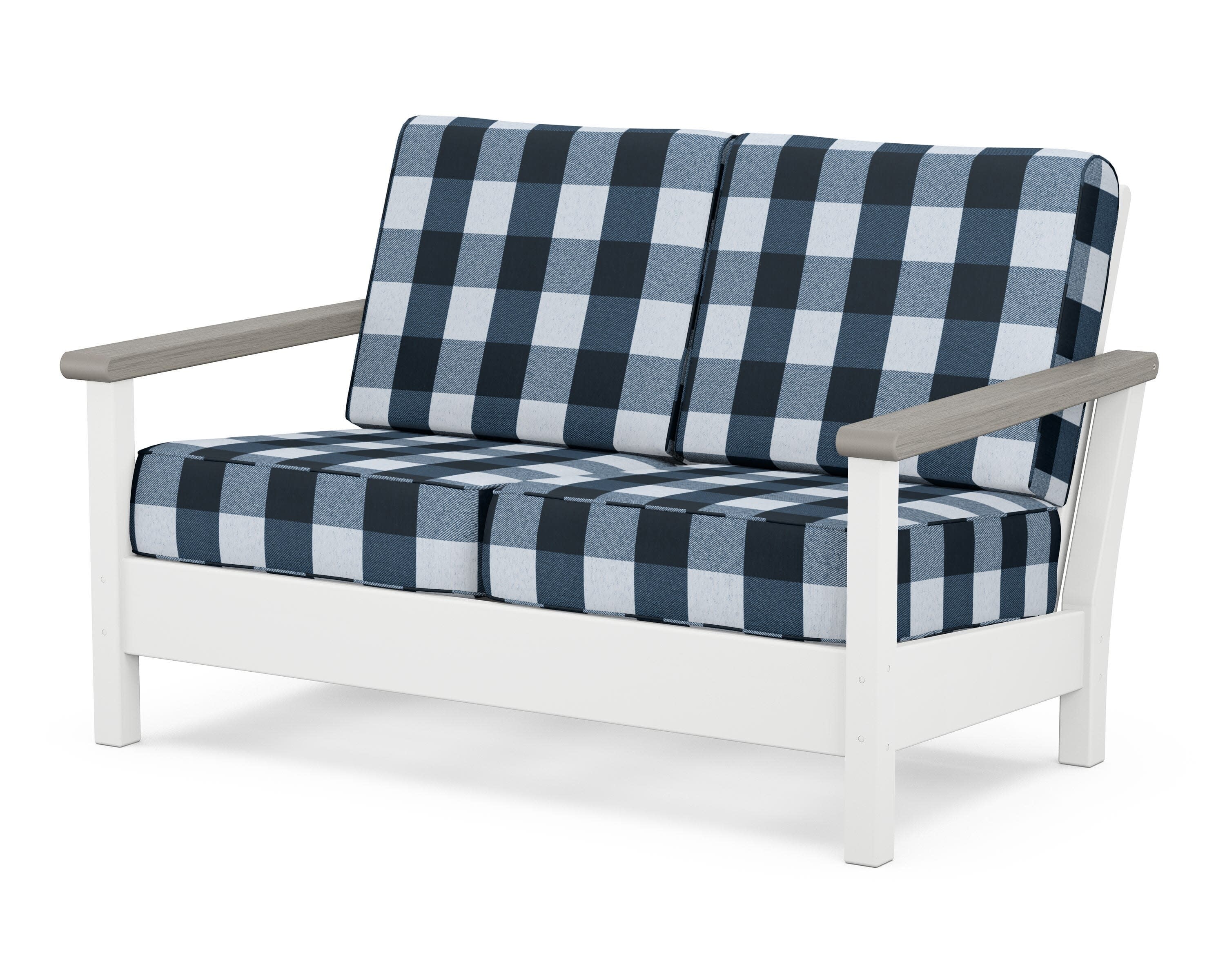 Harbour Deep Seating Loveseat in White / Driftwood / Buffalo Plaid Marine Indigo