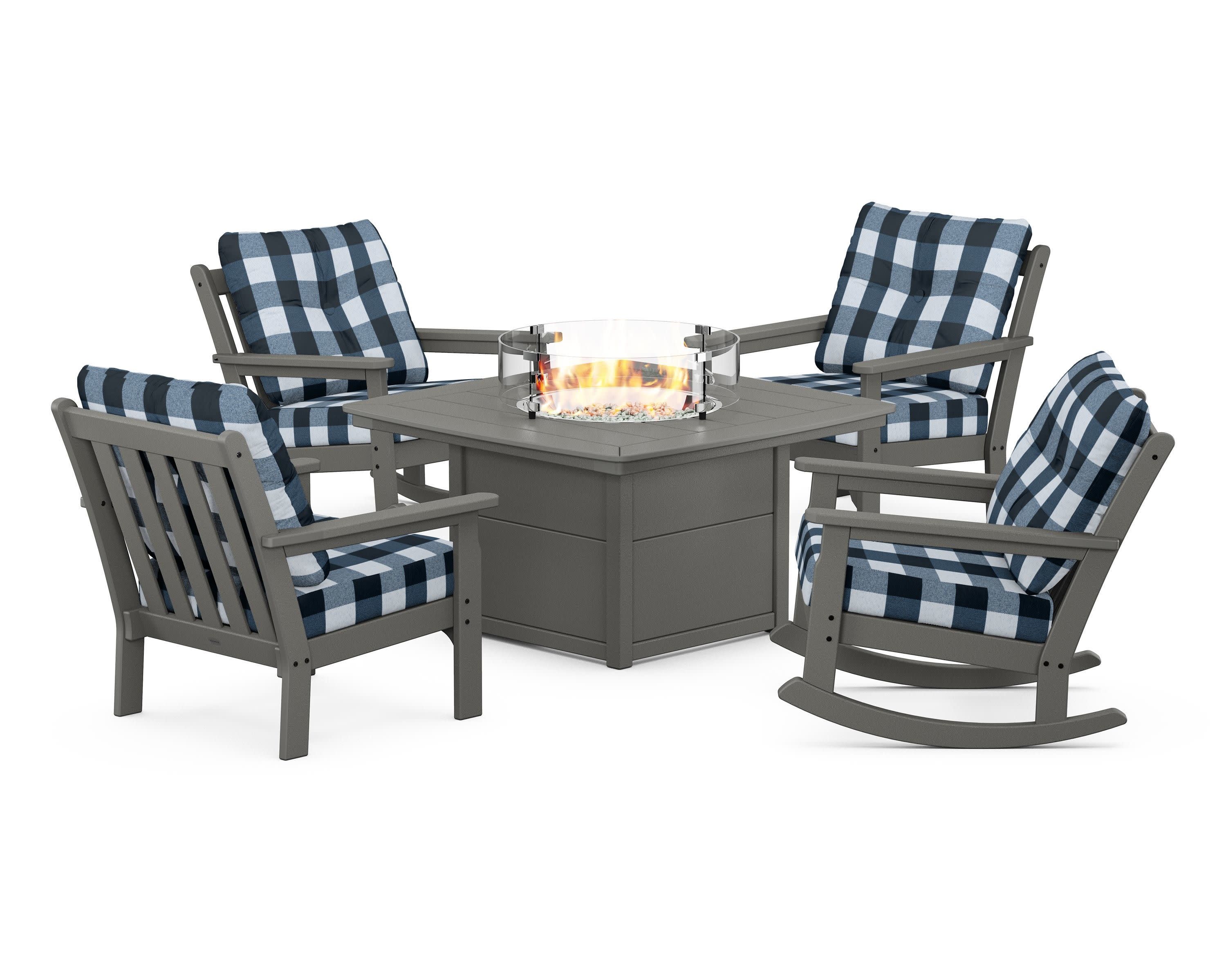 Vineyard 5-Piece Deep Seating Rocking Chair Conversation Set with Fire Pit Table in Slate Grey / Buffalo Plaid Marine Indigo