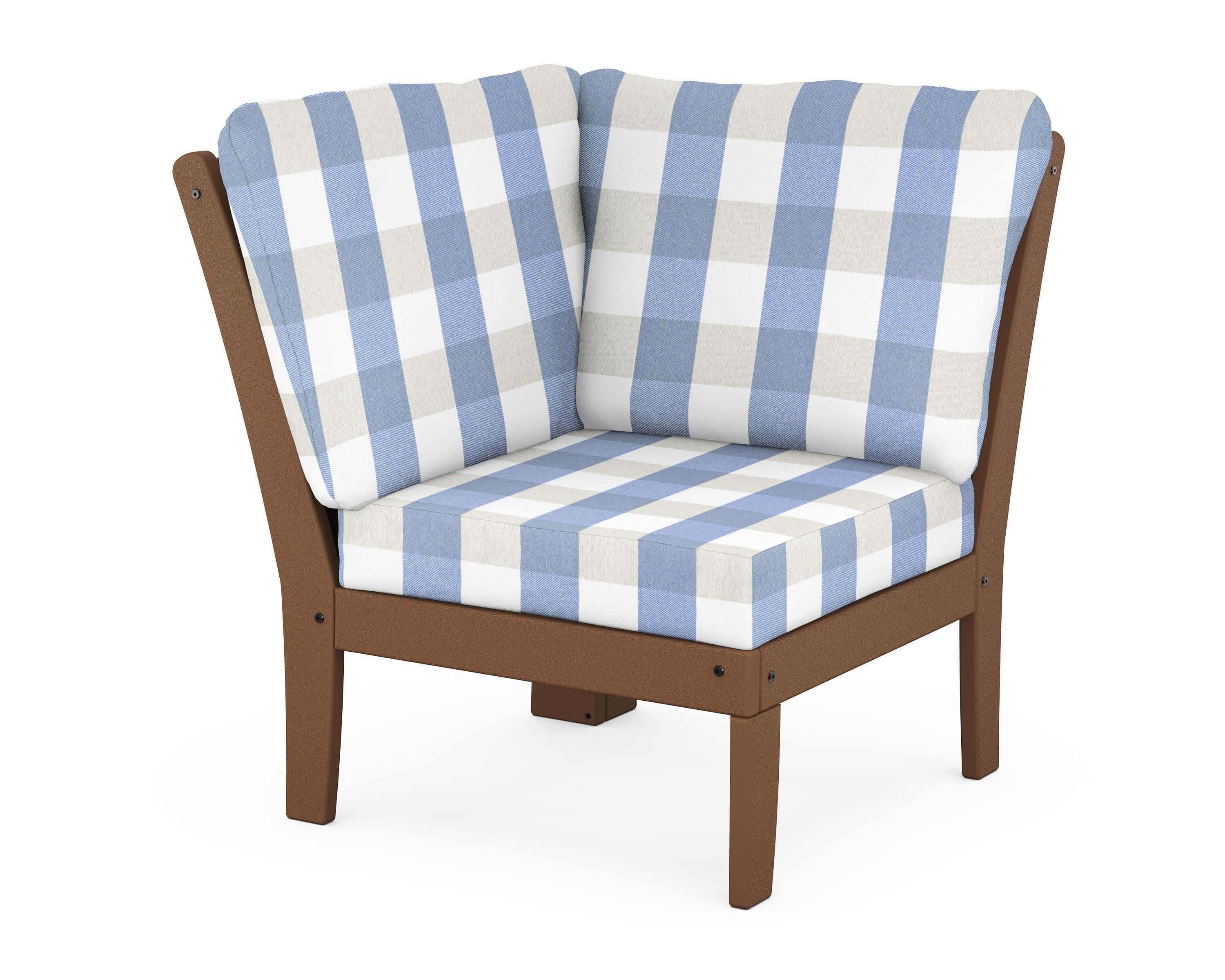 Braxton Modular Corner Chair in Teak / Buffalo Plaid Sky Blue