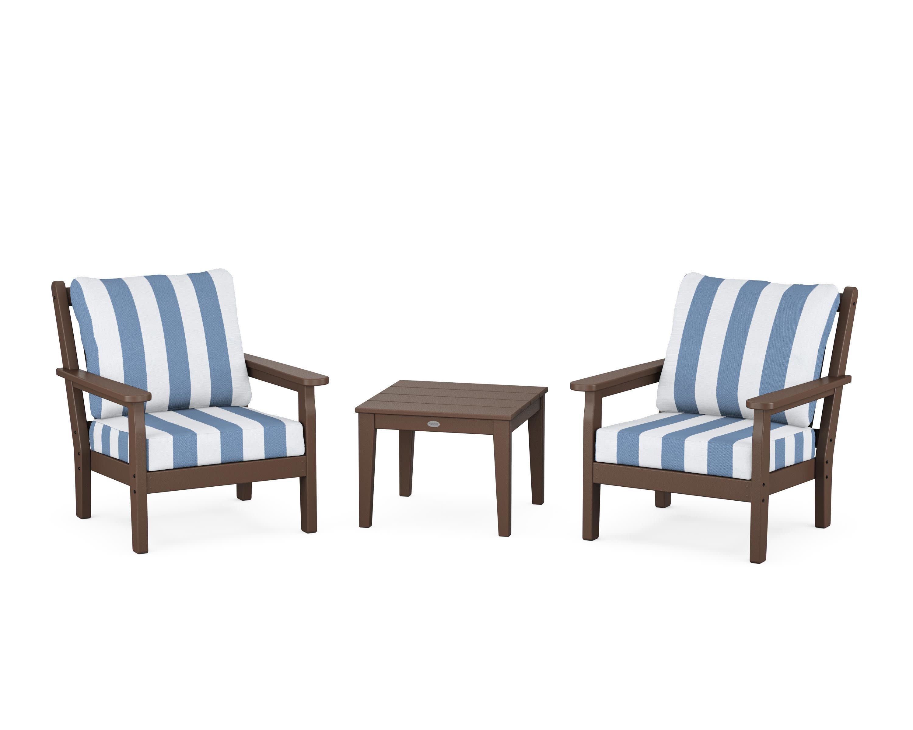 Chippendale 3-Piece Deep Seating Set in Mahogany / Cabana Stripe Sky Blue