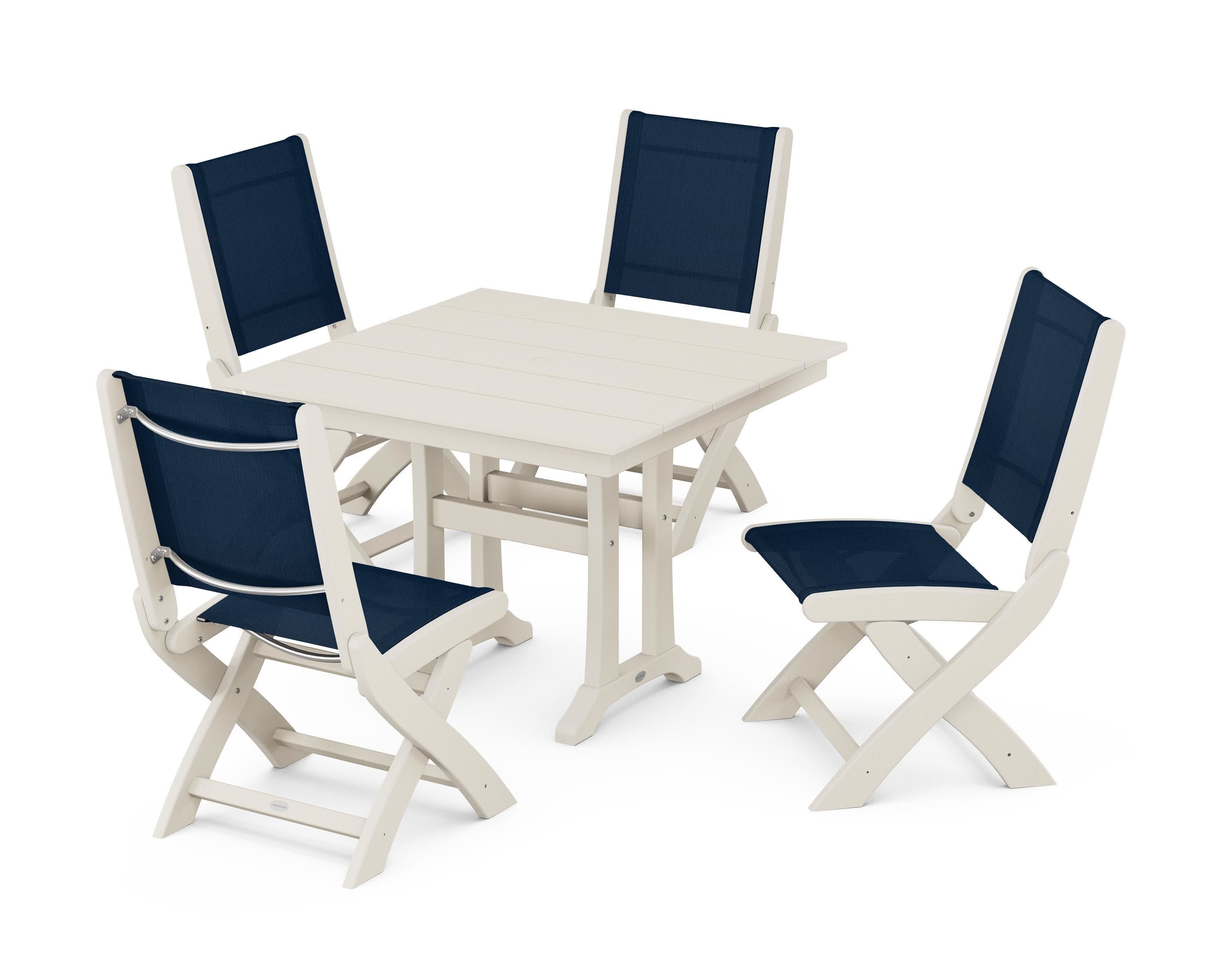 Coastal Folding Side Chair 5-Piece Farmhouse Dining Set With Trestle Legs in Sand / Navy Blue Sling