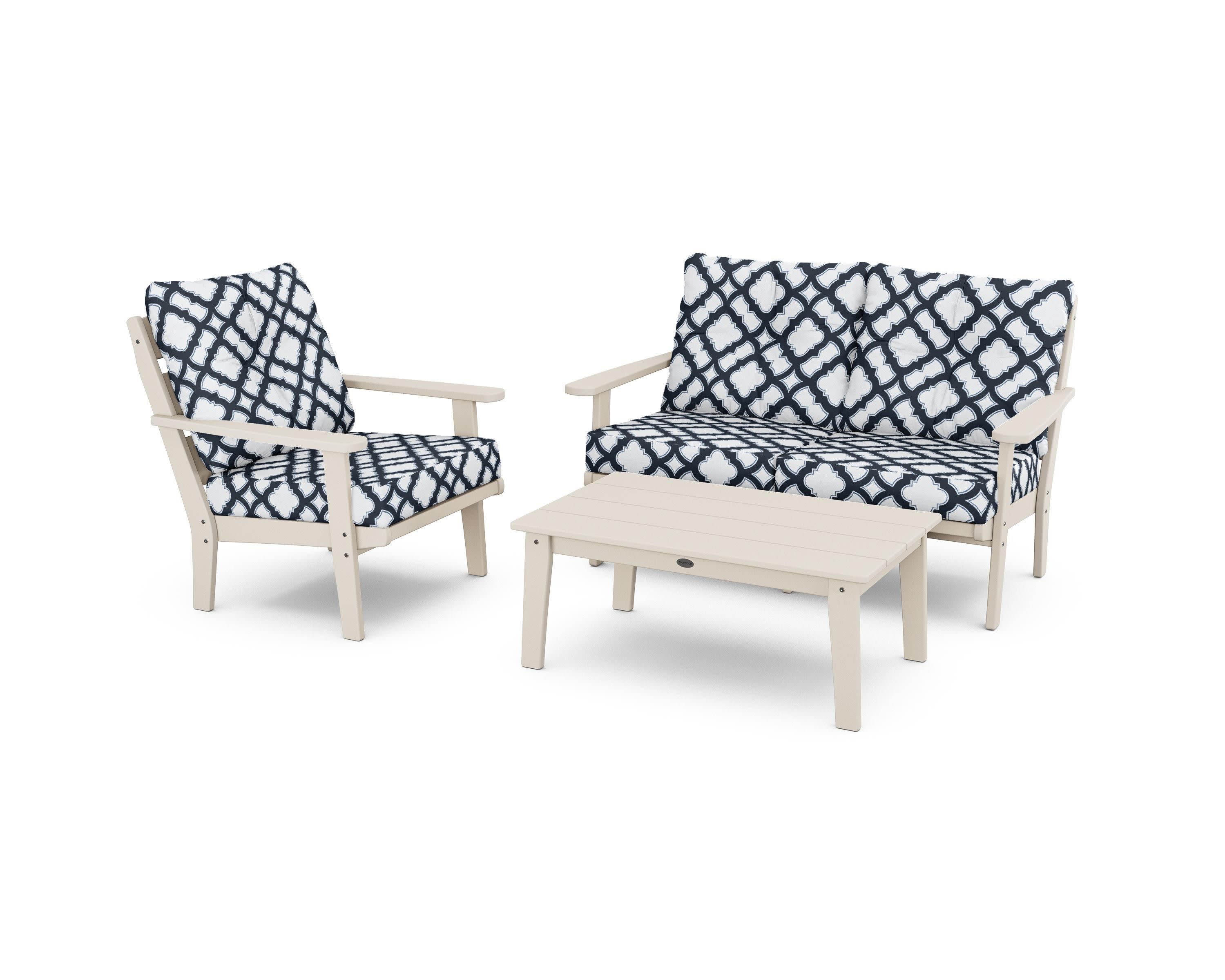 Lakeside 3-Piece Deep Seating Set in Sand / Trellis Marine Indigo