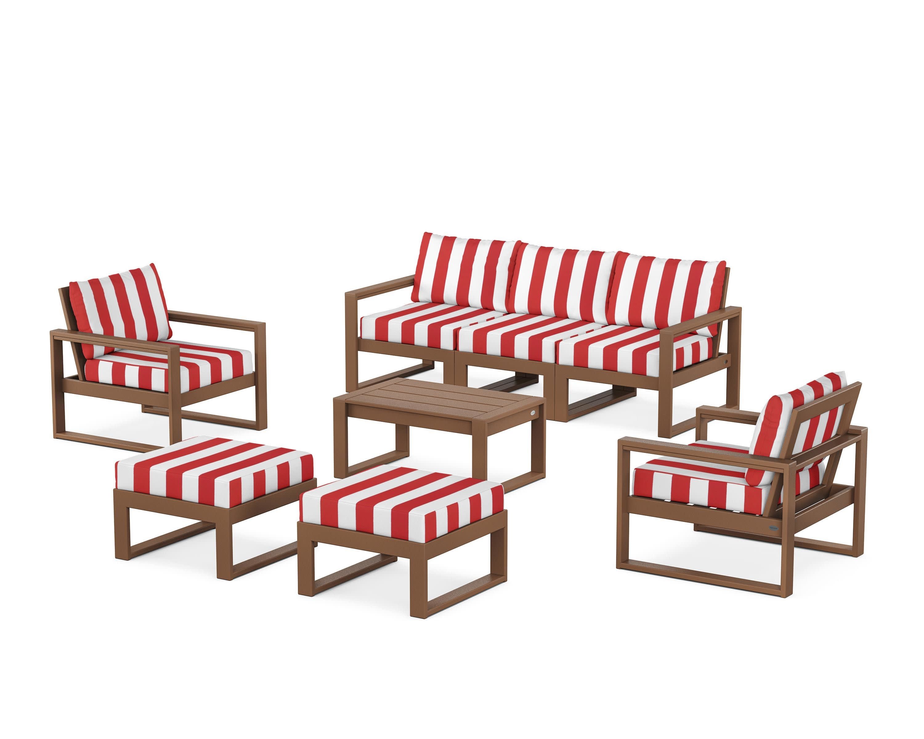 EDGE Sectional 8-Piece Lounge Sofa Set in Teak / Cabana Stripe Crimson