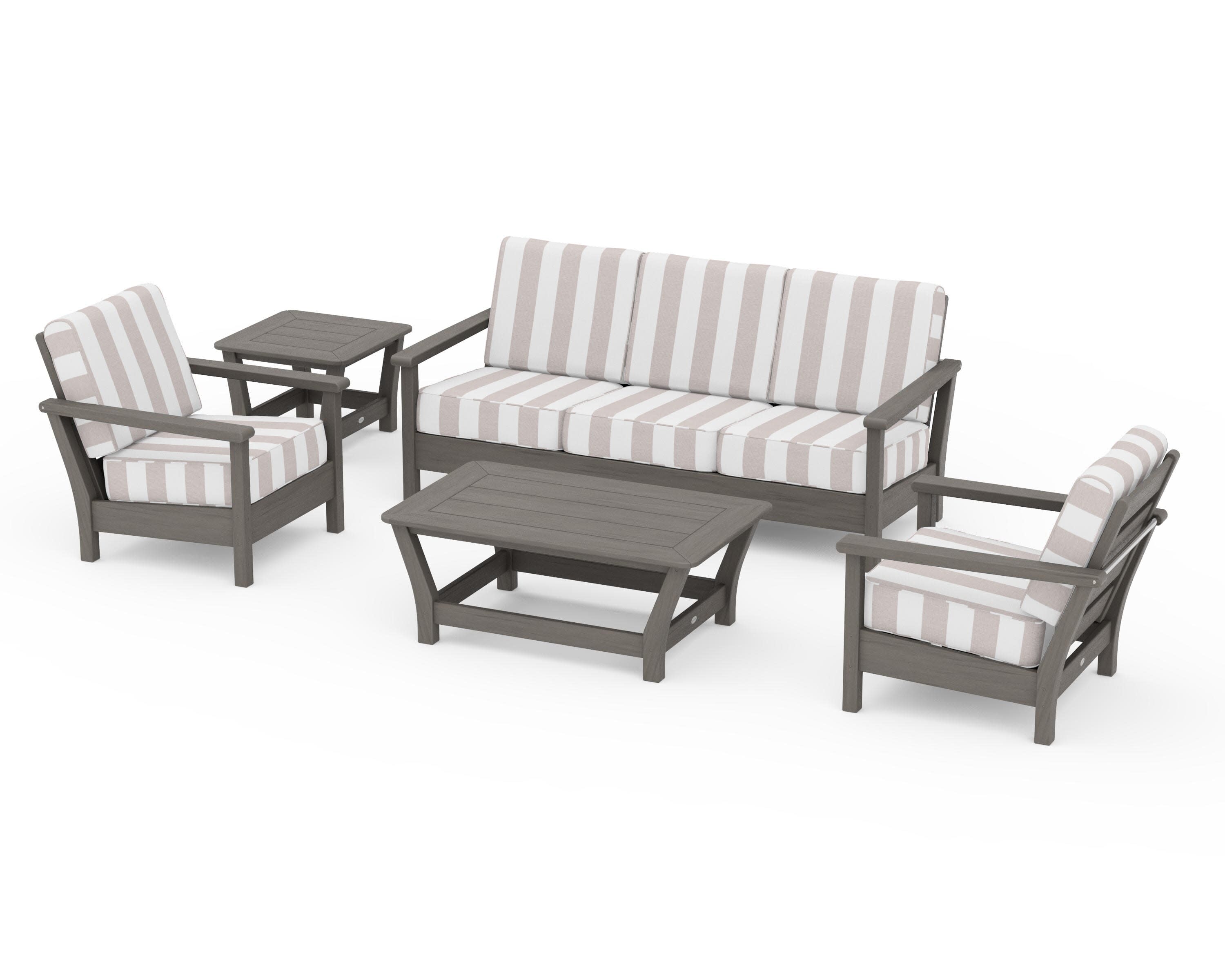 Harbour 5-Piece Deep Seating Set in Driftwood / Cabana Stripe Dune Burlap