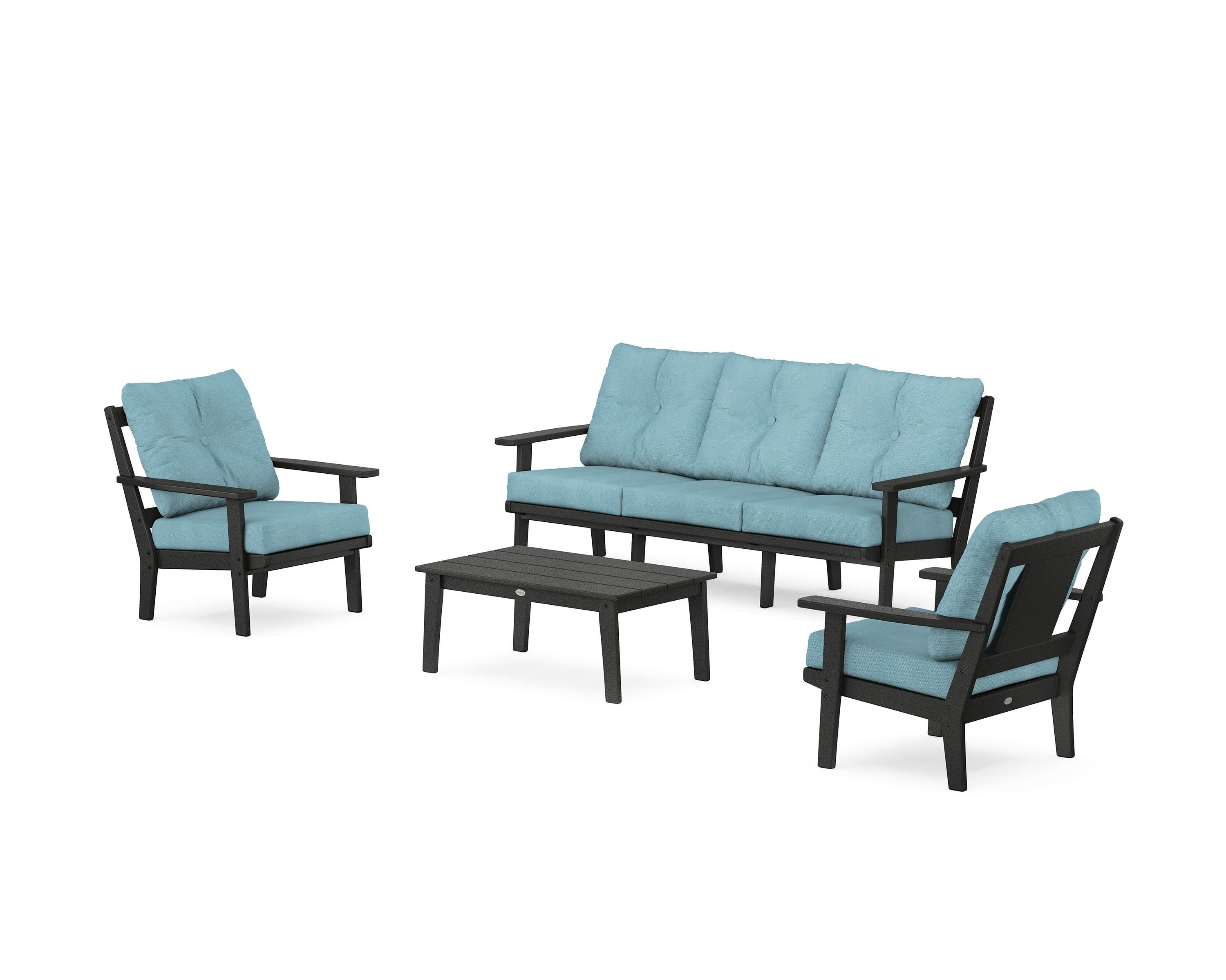 Prairie 4-Piece Deep Seating Set with Sofa in Black / Lattice Sky Blue