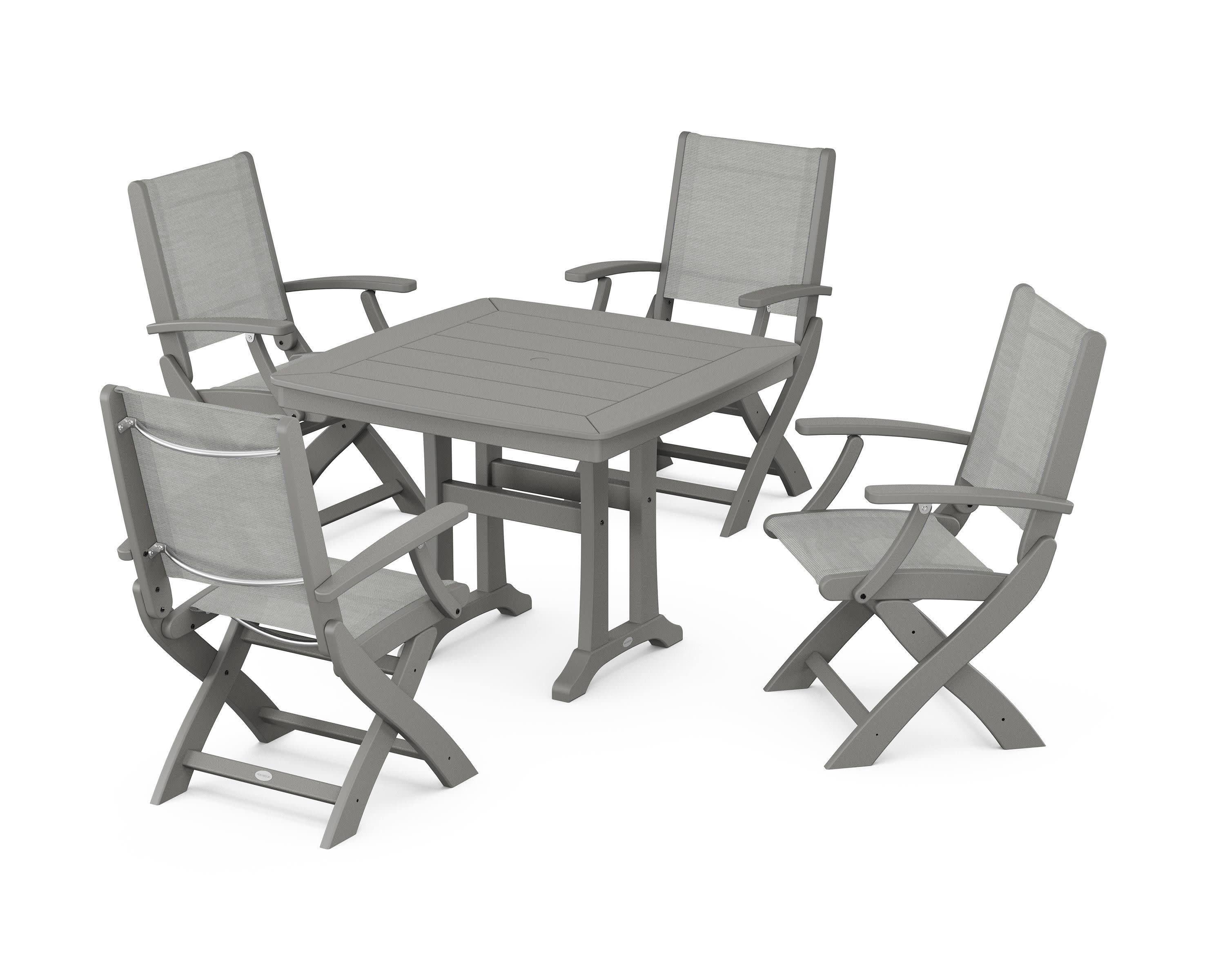 Coastal Folding Chair 5-Piece Dining Set with Trestle Legs in Slate Grey / Metallic Sling
