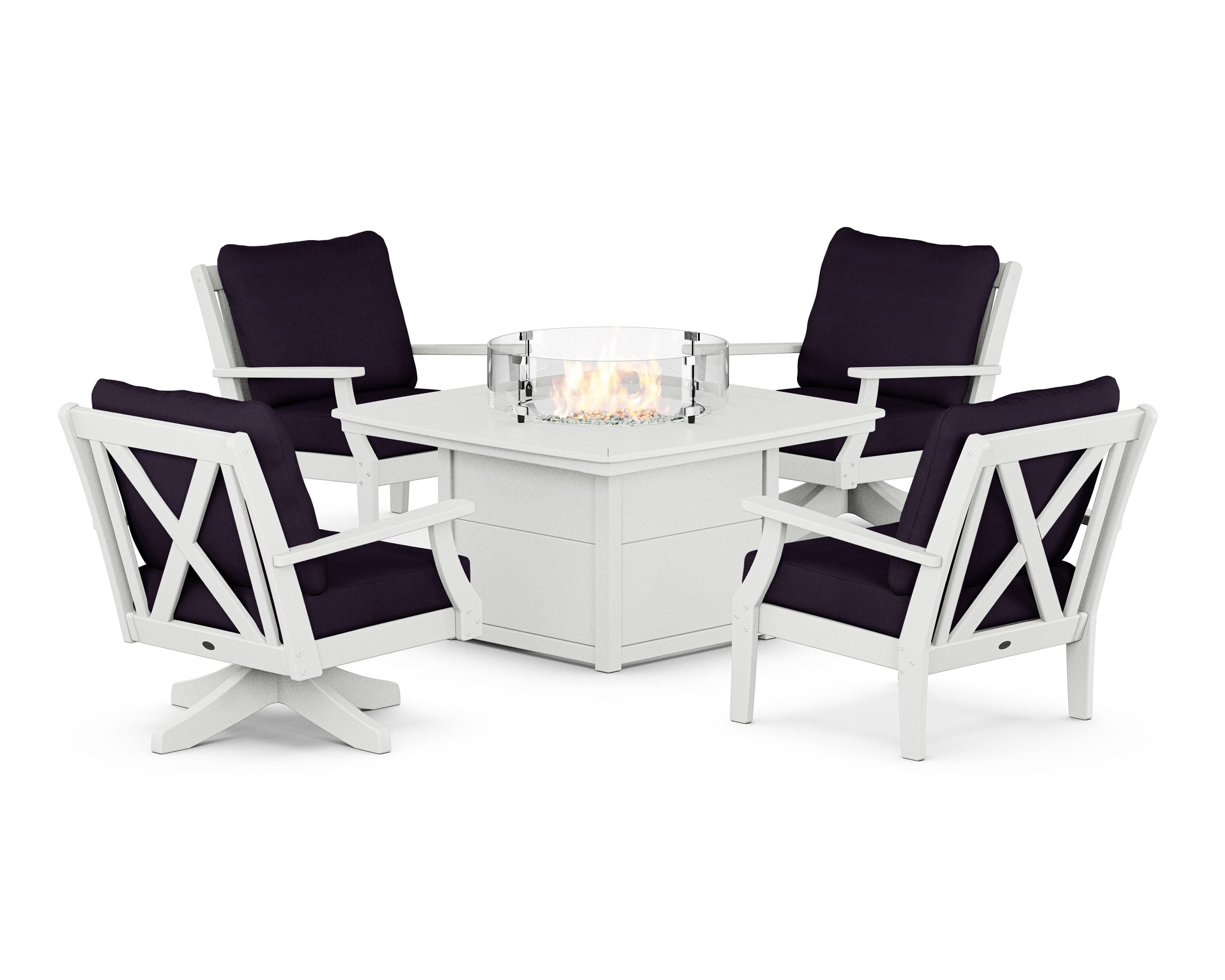 Braxton 5-Piece Deep Seating Set with Fire Table in White / Navy Linen