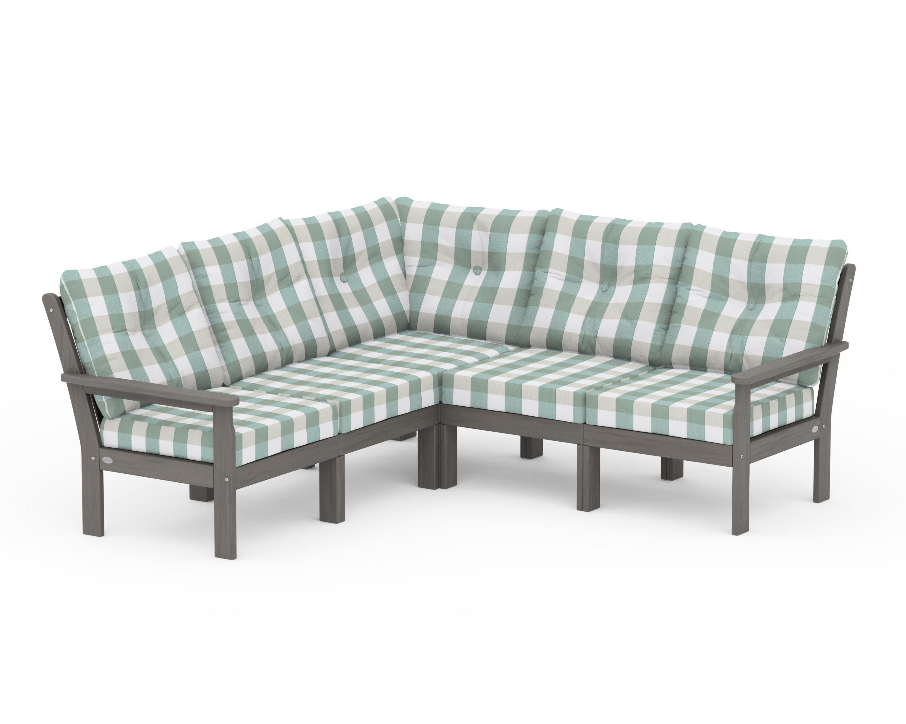 Vineyard 5-Piece Sectional in Driftwood / Buffalo Plaid Glacier Spa