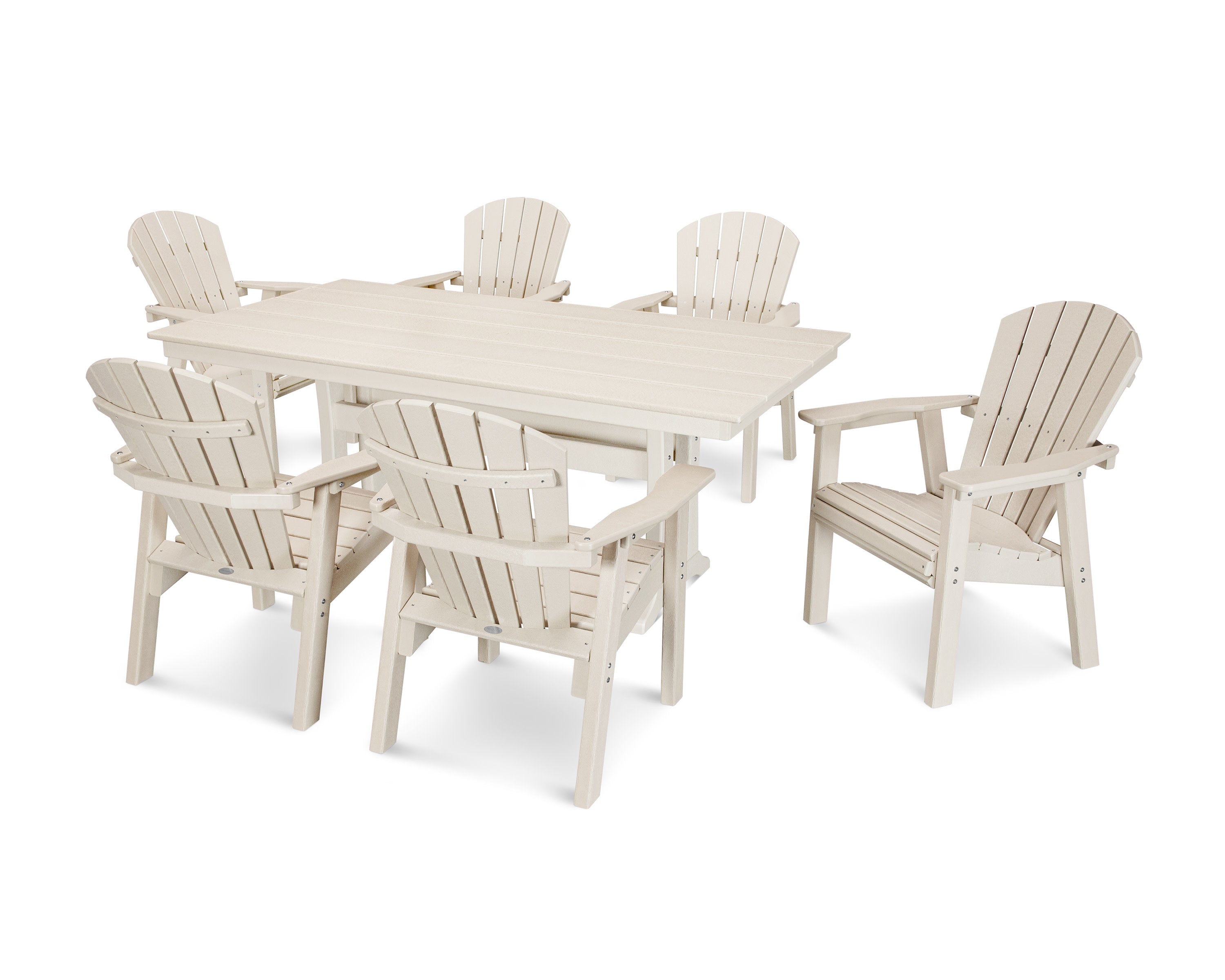 Seashell 7-Piece Farmhouse Dining Set with Trestle Legs in Sand