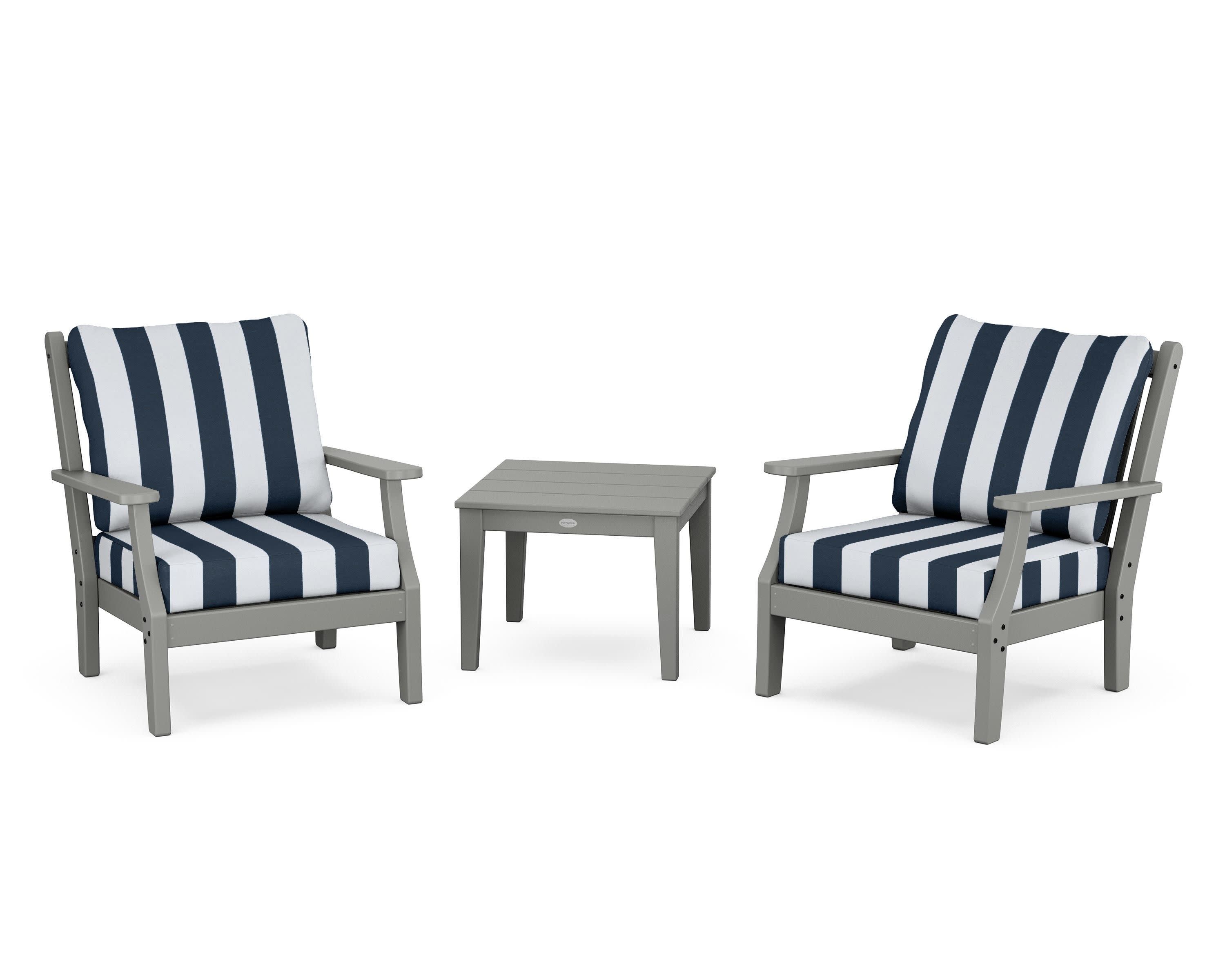 Wovendale 3-Piece Deep Seating Set in Slate Grey / Cabana Stripe Marine Indigo