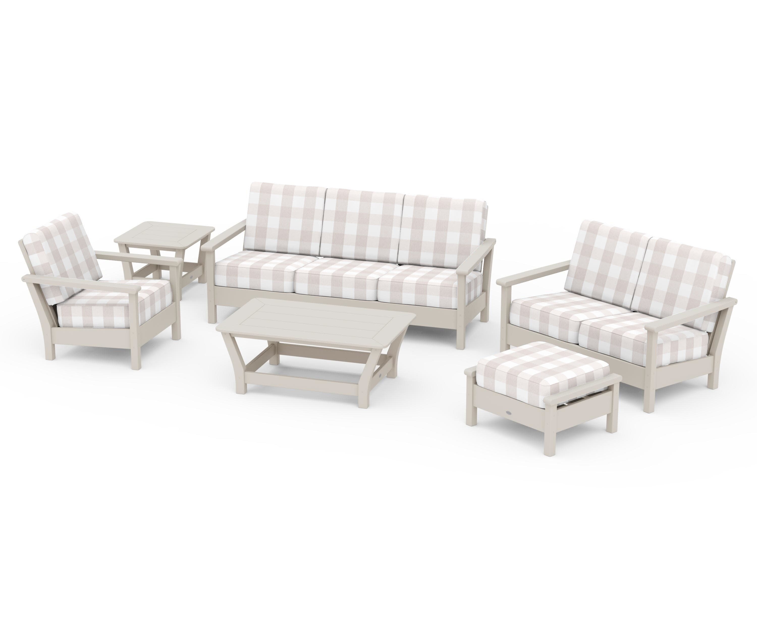 Harbour 6-Piece Outdoor Living Set in Sand / Buffalo Plaid Dune Burlap