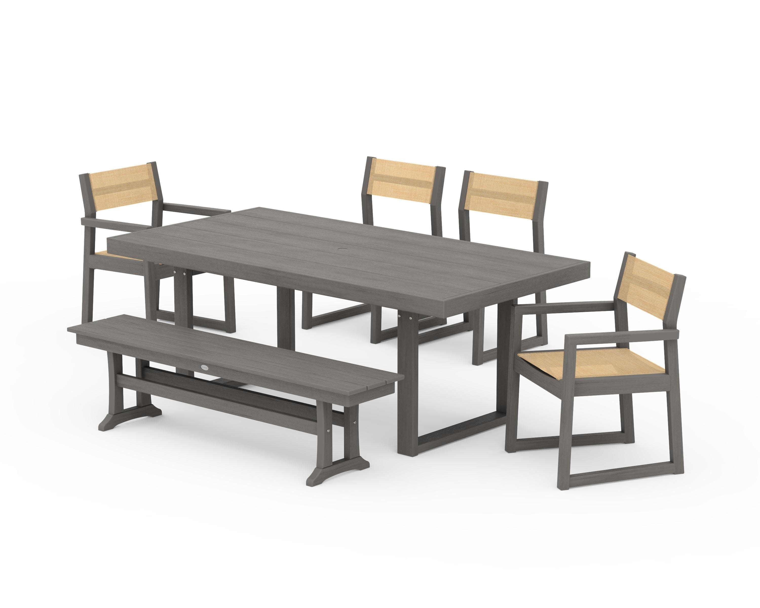 EDGE Sling 6-Piece Dining Set with Bench in Driftwood / Dupioni Apricot Sling