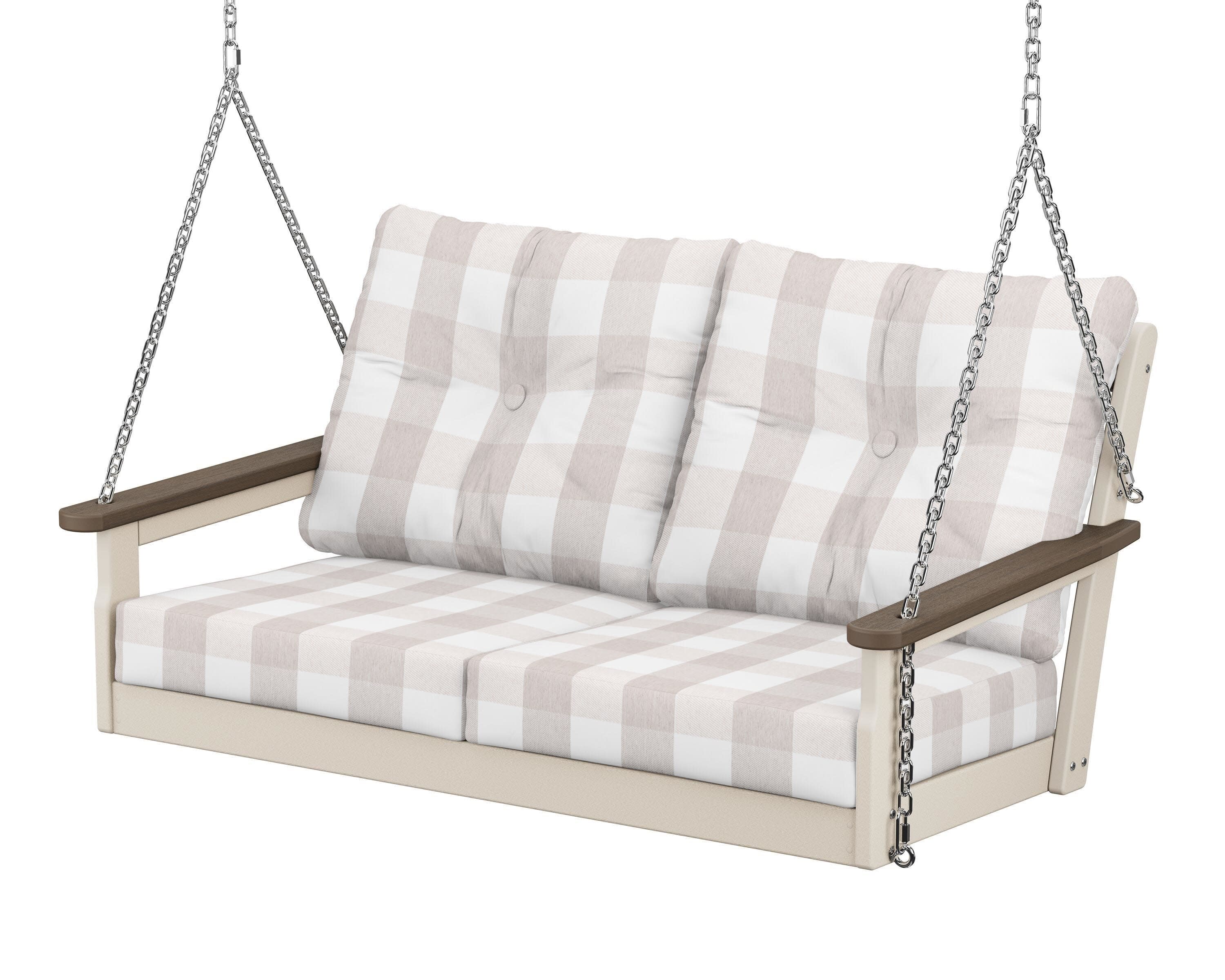Vineyard Deep Seating Swing in Sand / Kona / Buffalo Plaid Dune Burlap