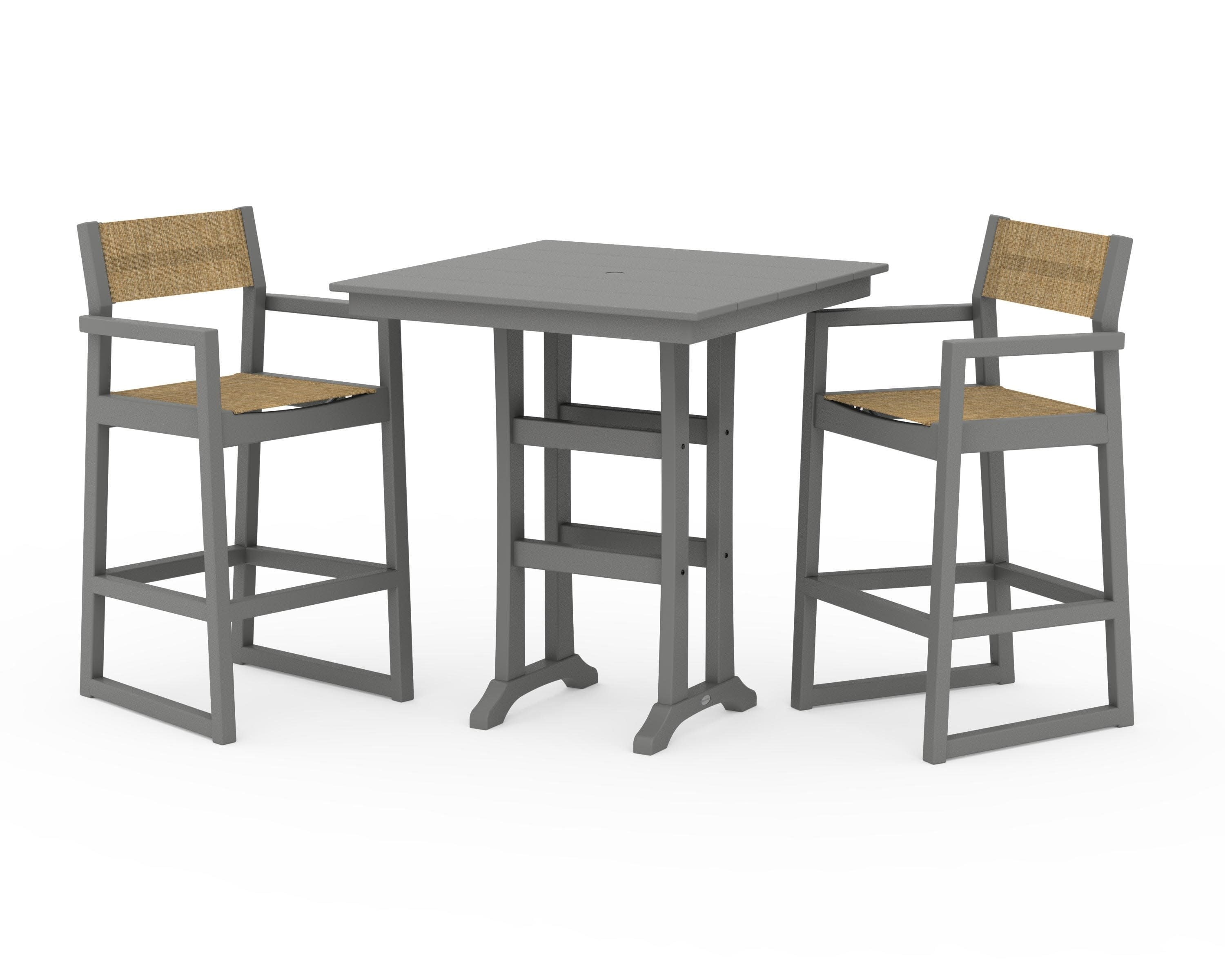 EDGE Sling Arm Chair 3-Piece Farmhouse Bar Set with Trestle Legs in Slate Grey / Burlap Sling