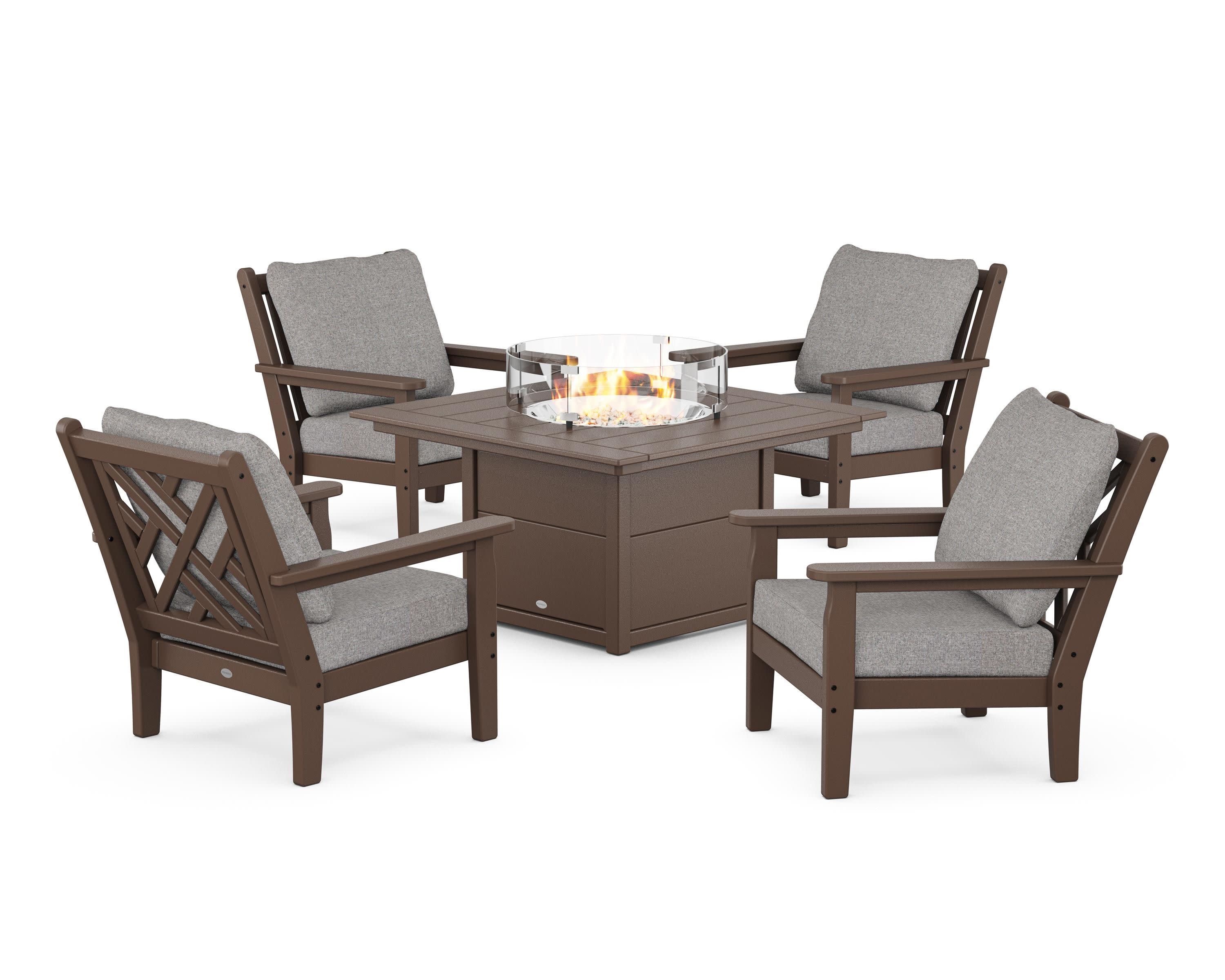 Chippendale 5-Piece Deep Seating Set with Fire Pit Table in Mahogany / Grey Mist