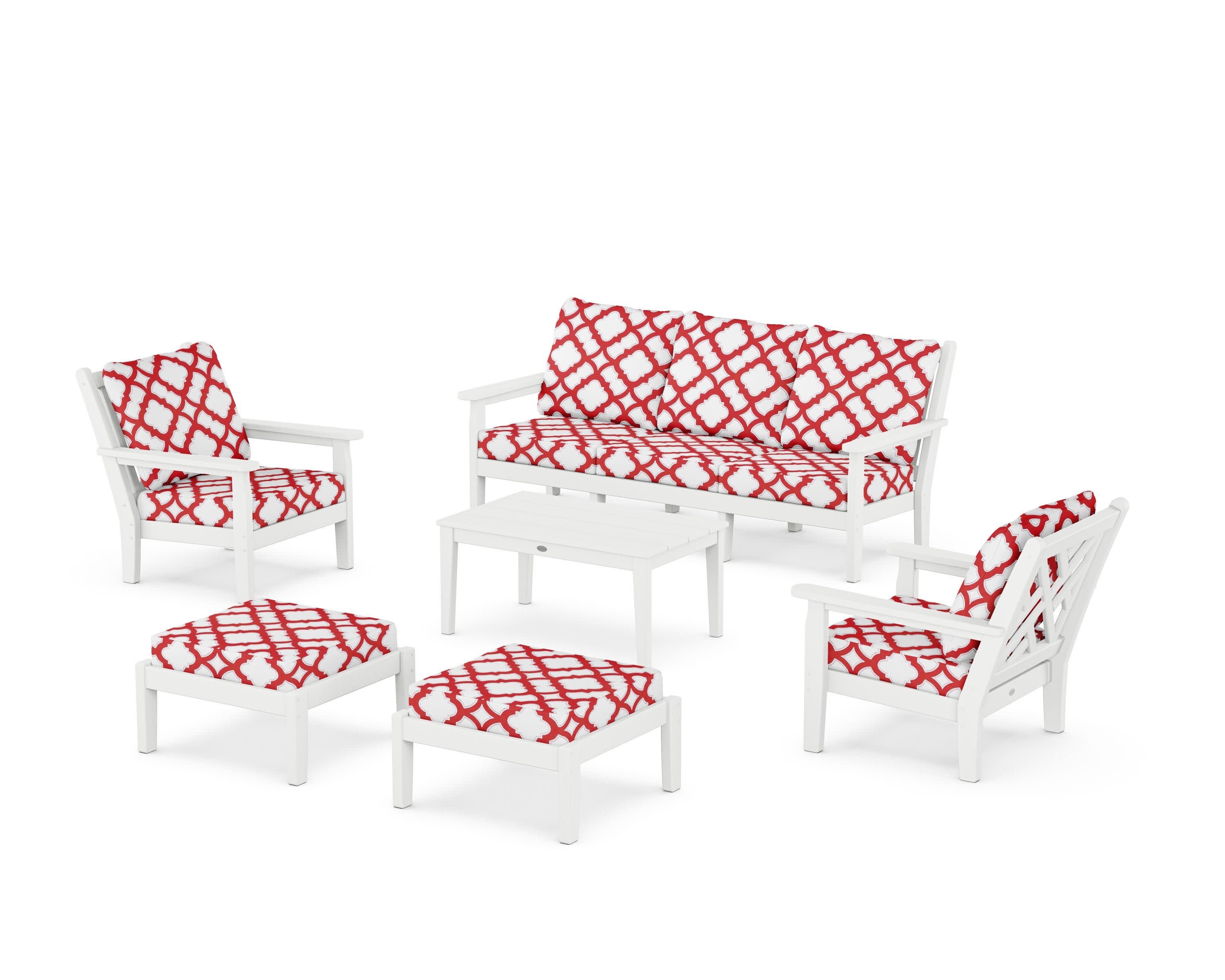 Chippendale 6-Piece Lounge Sofa Set in White / Trellis Crimson