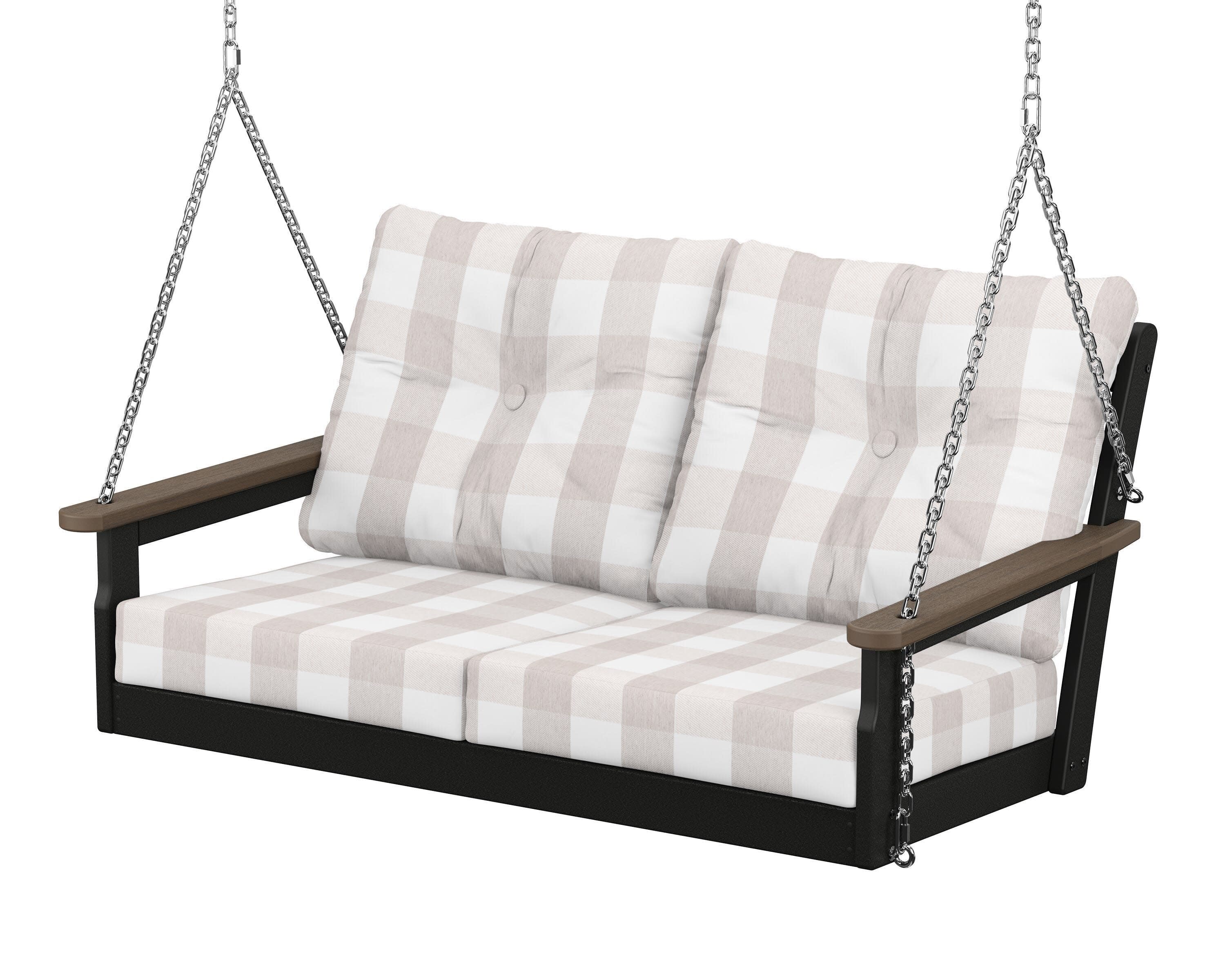 Vineyard Deep Seating Swing in Black / Kona / Buffalo Plaid Dune Burlap