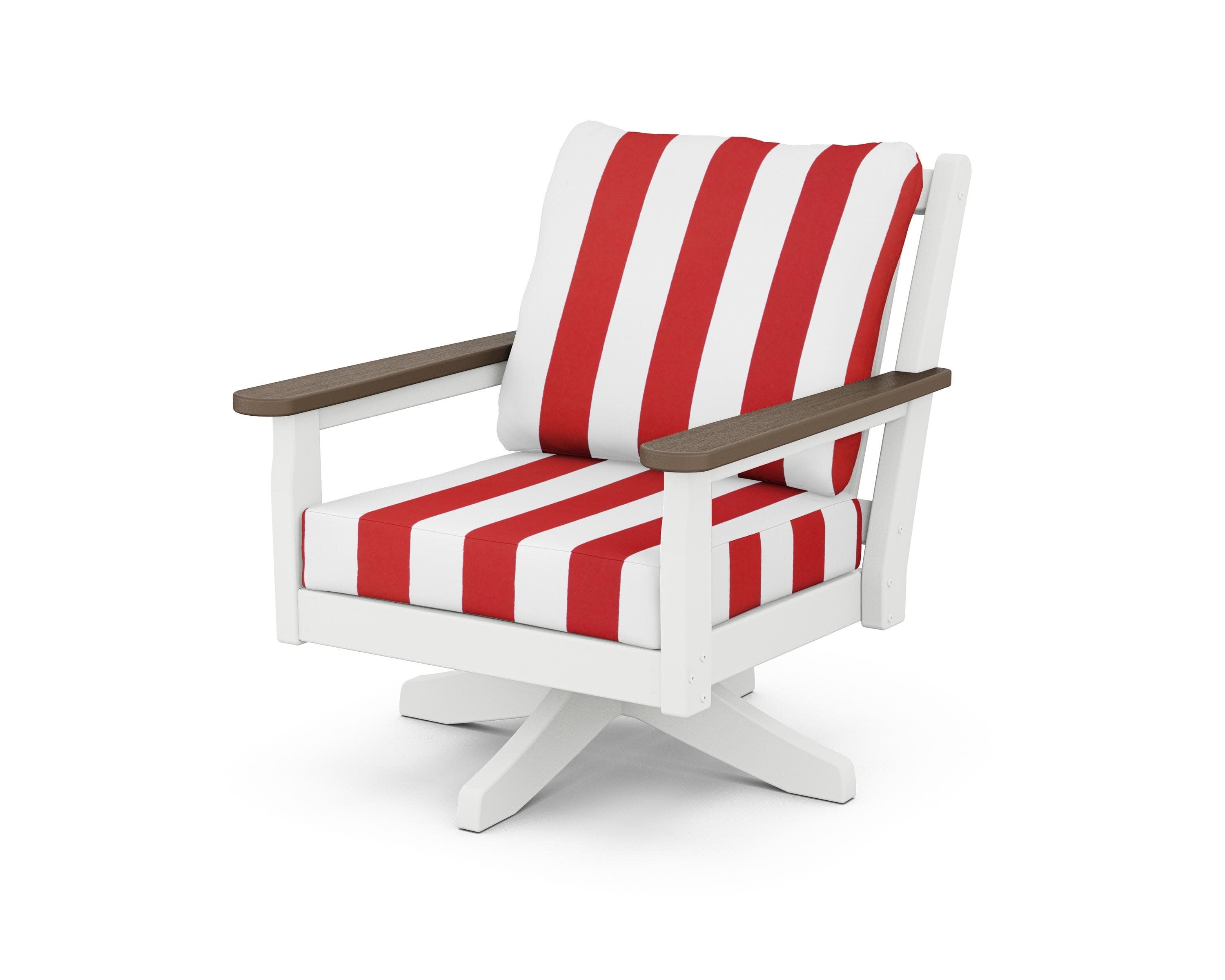 Chippendale Deep Seating Swivel Chair in White / Kona / Cabana Stripe Crimson