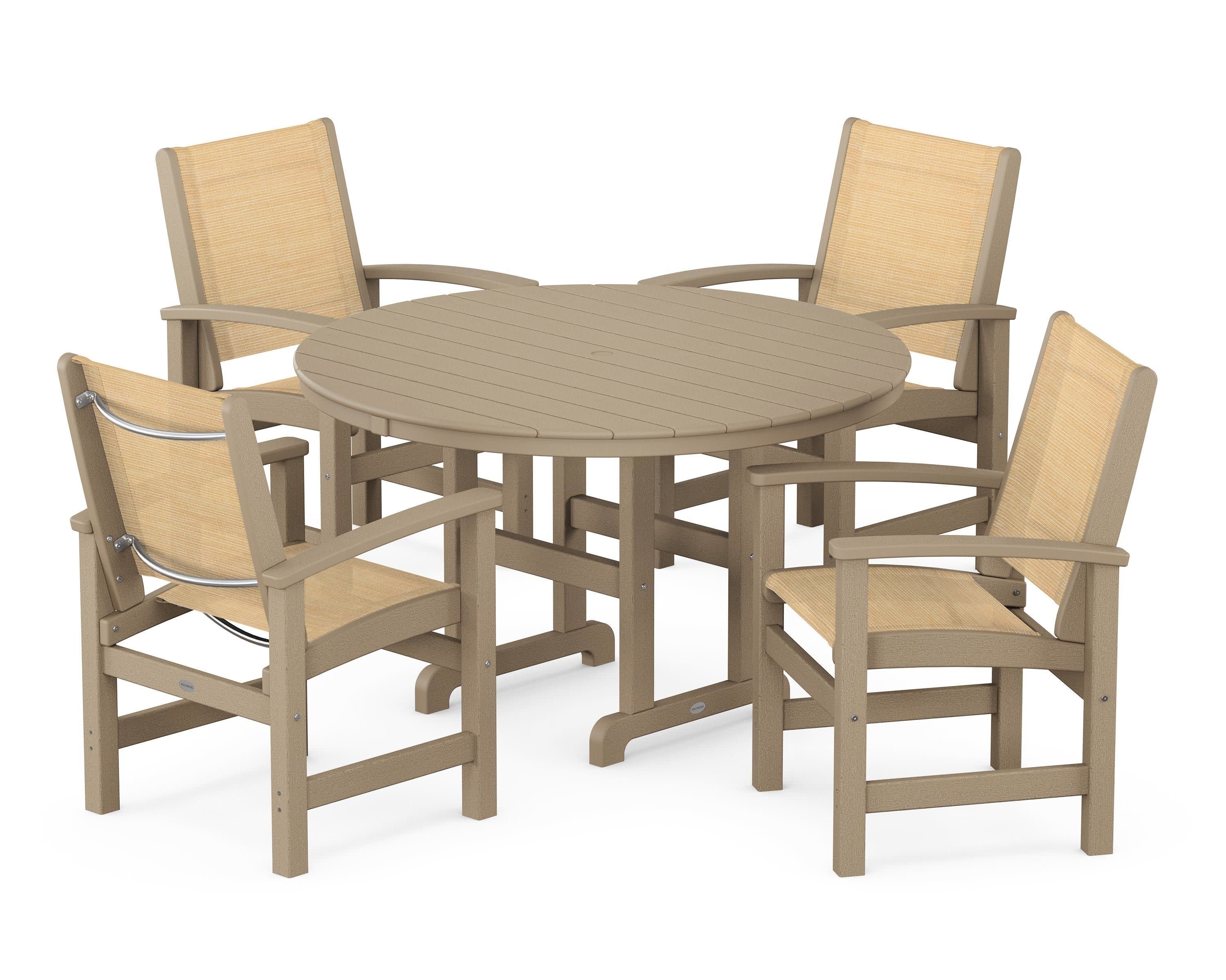 Coastal 5-Piece Round Farmhouse Dining Set in Vintage Sahara / Dupioni Apricot Sling