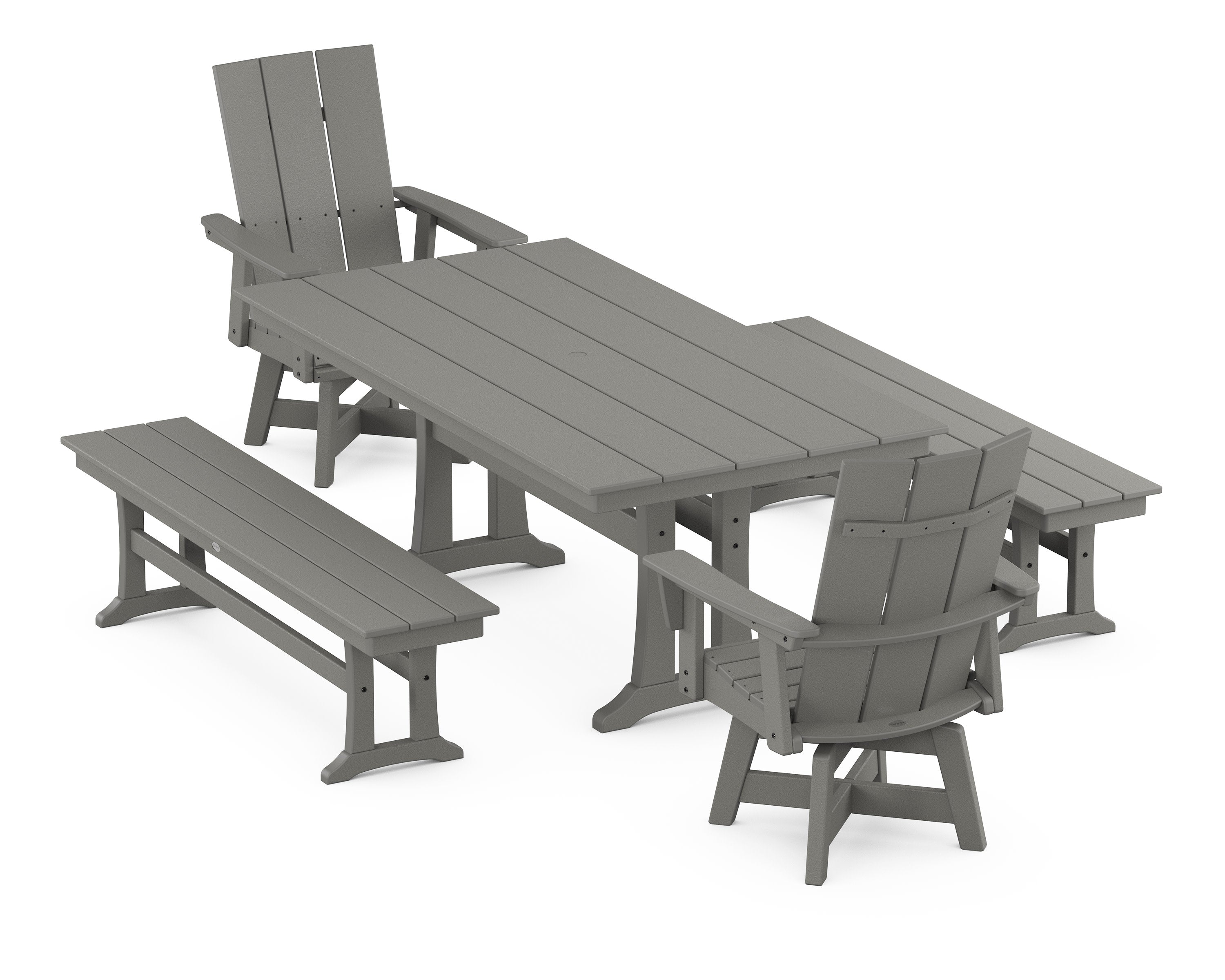 Modern Curveback Adirondack Swivel Chair 5-Piece Farmhouse Dining Set With Trestle Legs and Benches in Slate Grey