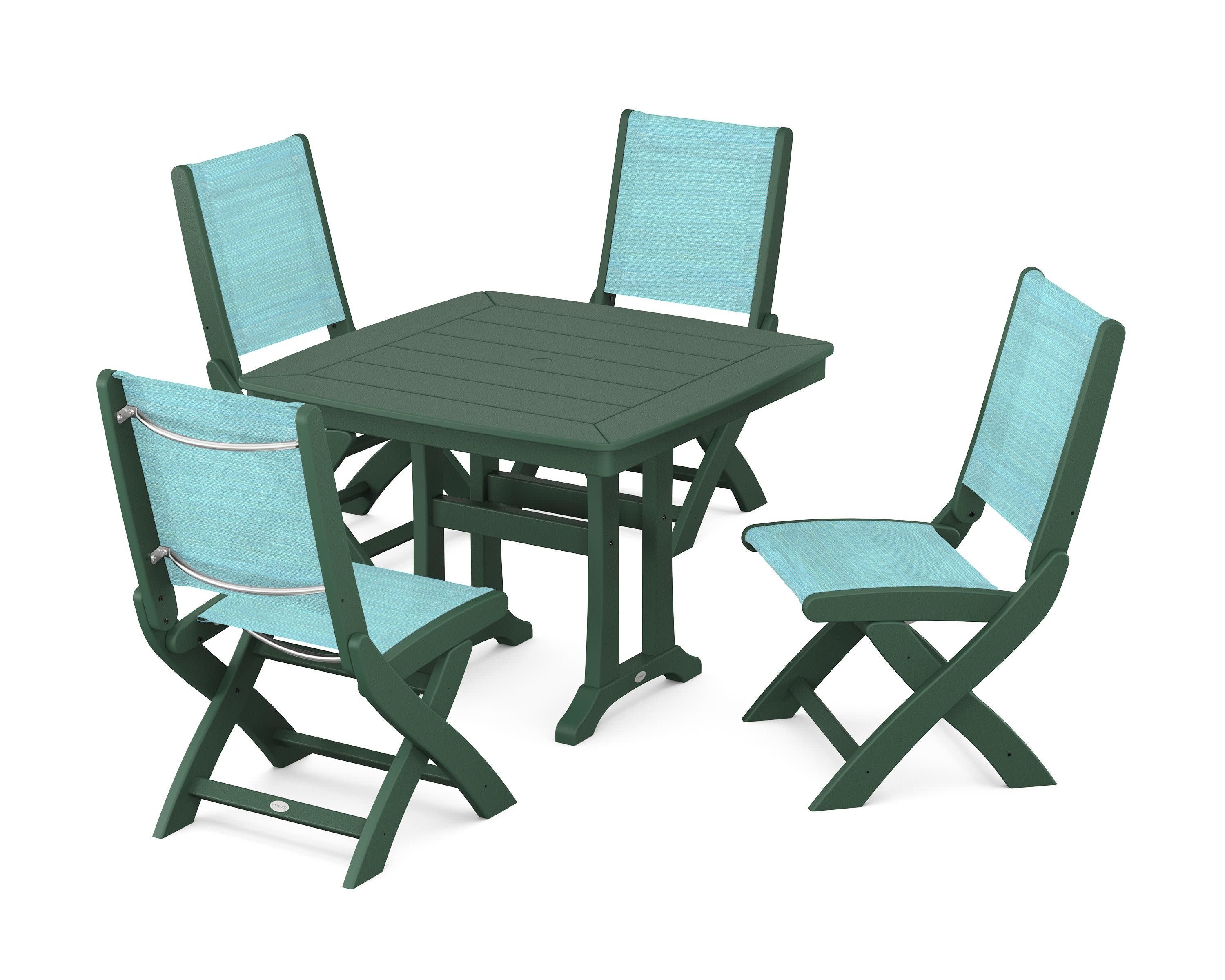Coastal Folding Side Chair 5-Piece Dining Set with Trestle Legs in Green / Dupioni Aquamarine Sling